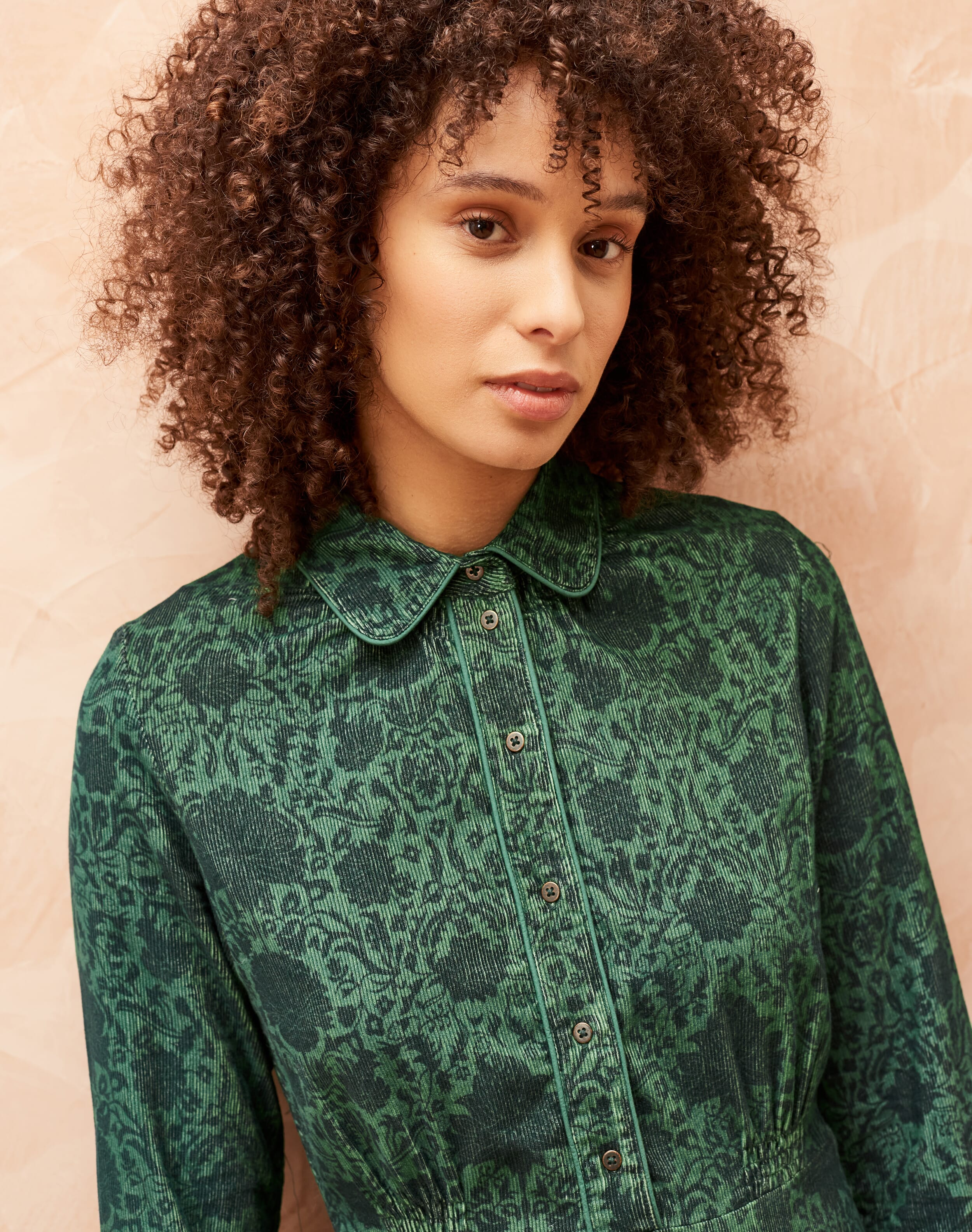 Needlecord Botanical Print Dress in Pine | Womenswear | Brora