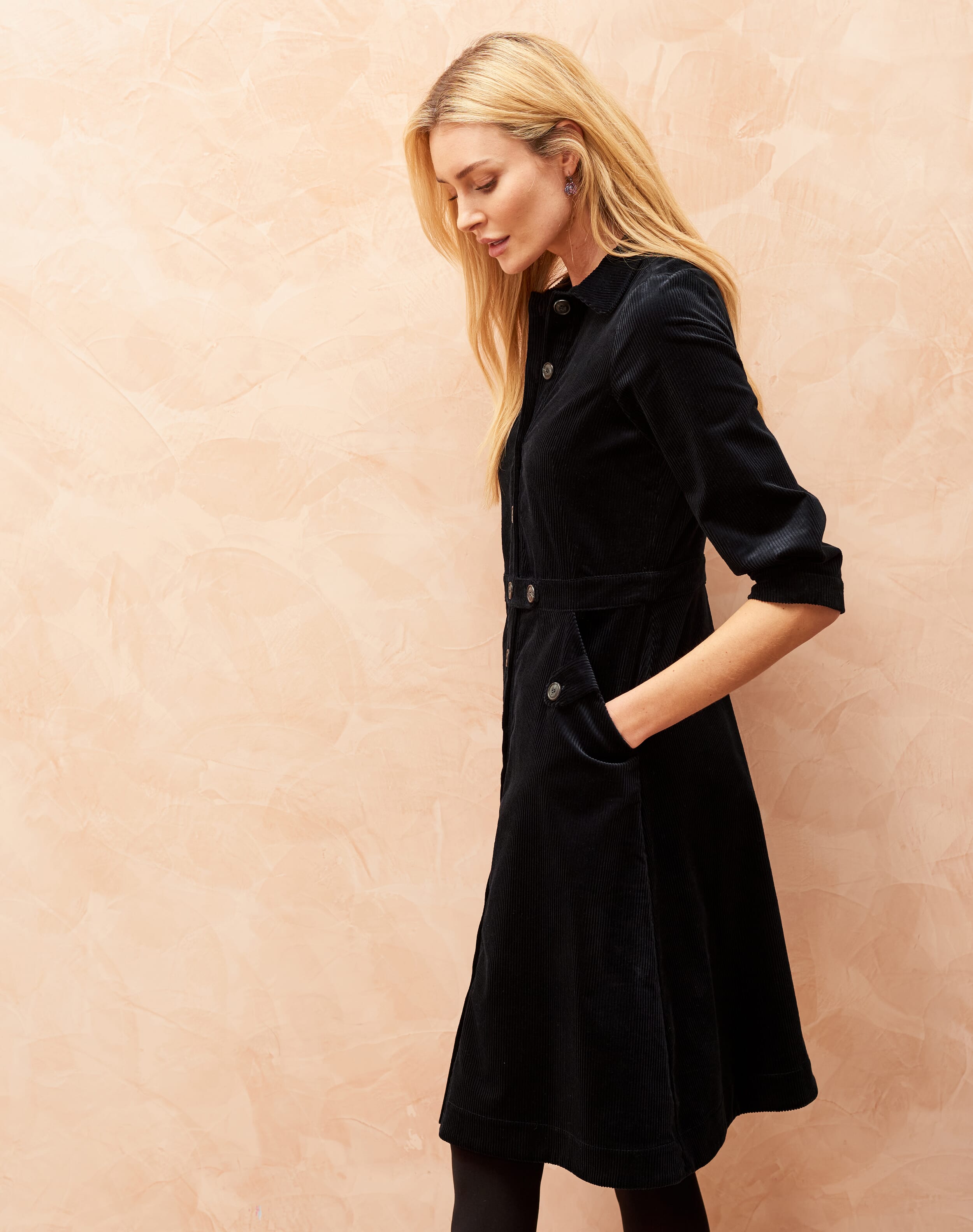 Long Sleeve Corduroy Shirt Dress With Frill
