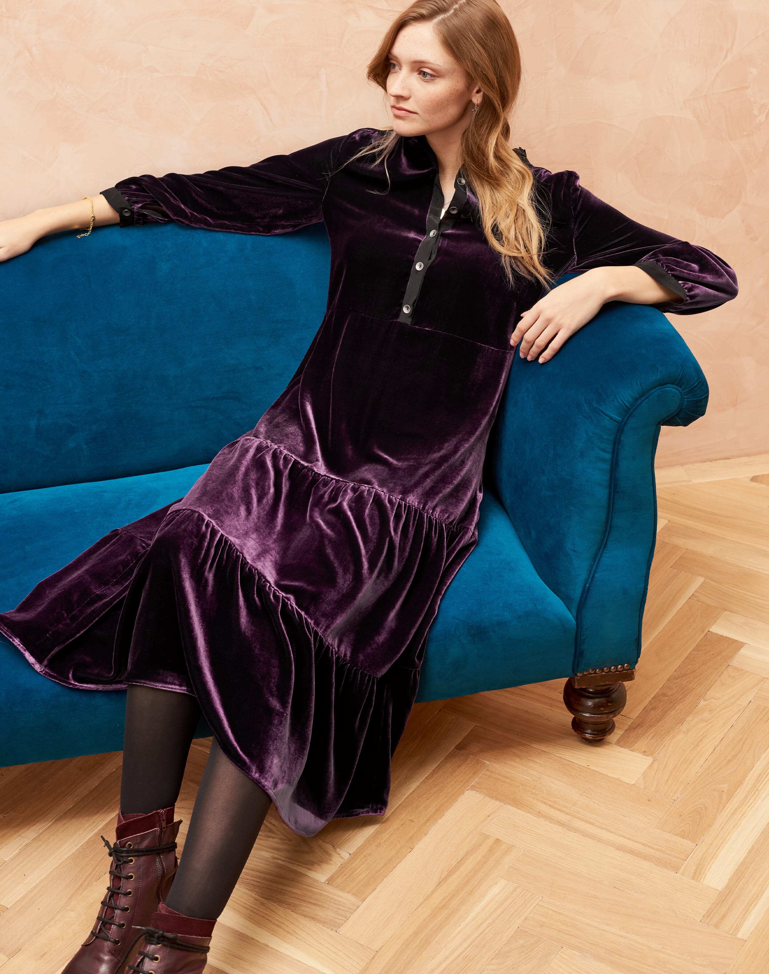 Silk Velvet Tiered Dress Grape