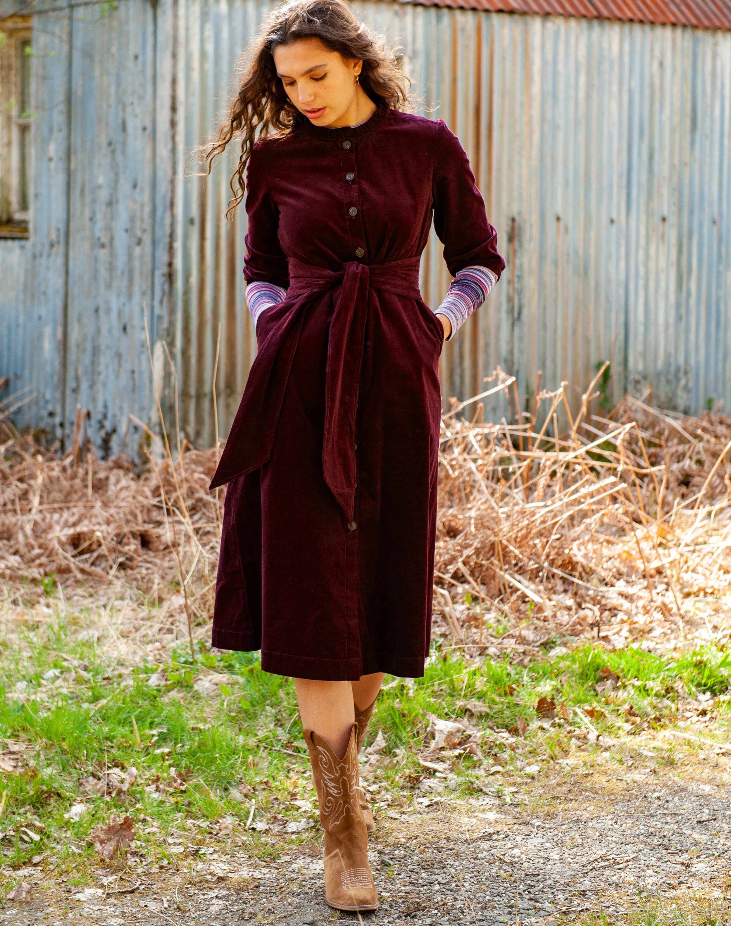 Women's Needlecord Shirt Dress in Damson | Dresses | Brora