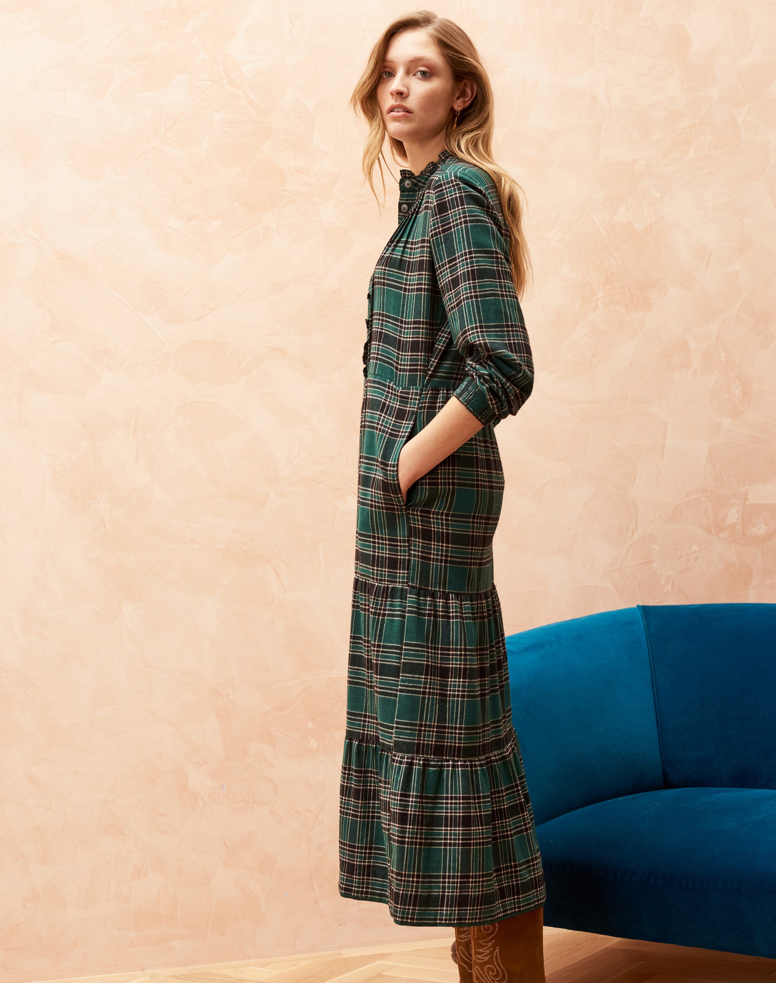Cotton Plaid Shirt Dress in Spruce & Black | Womenswear | Brora