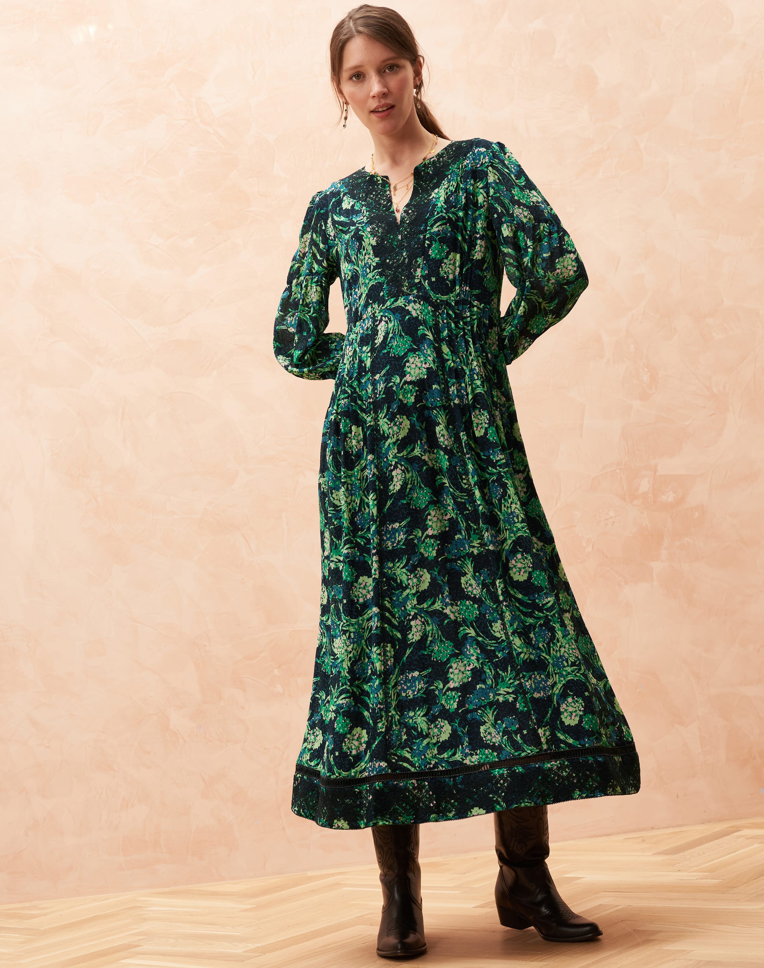 Silk Floral Firework Print Dress Black & emerald