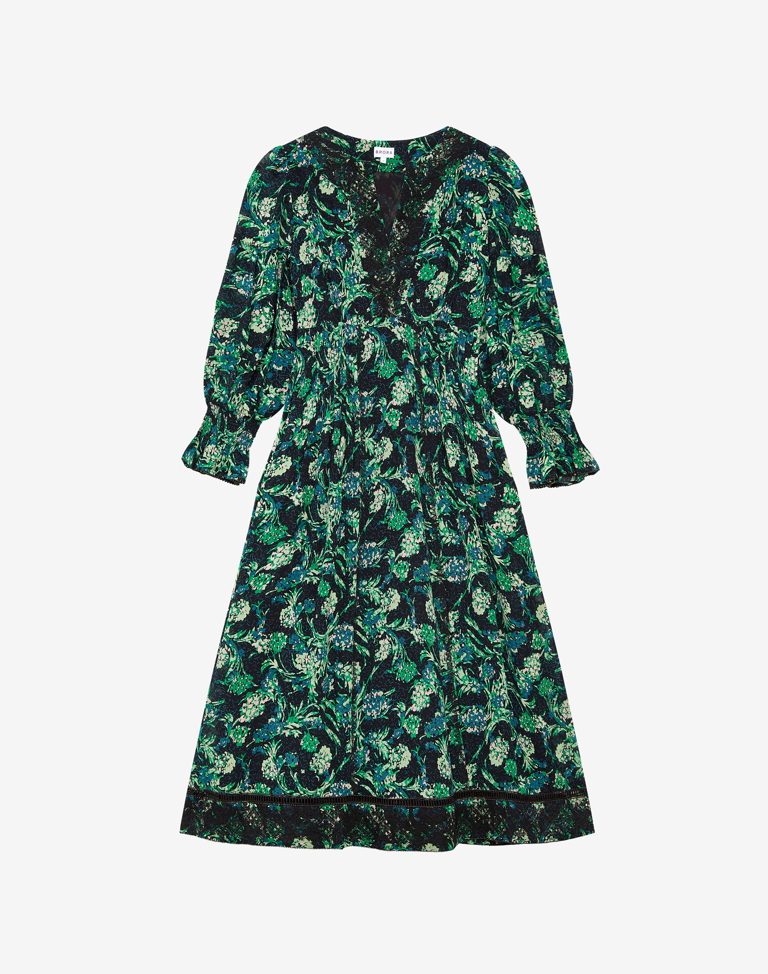 Silk Floral Firework Print Dress in Black & Emerald | Dresses | Brora