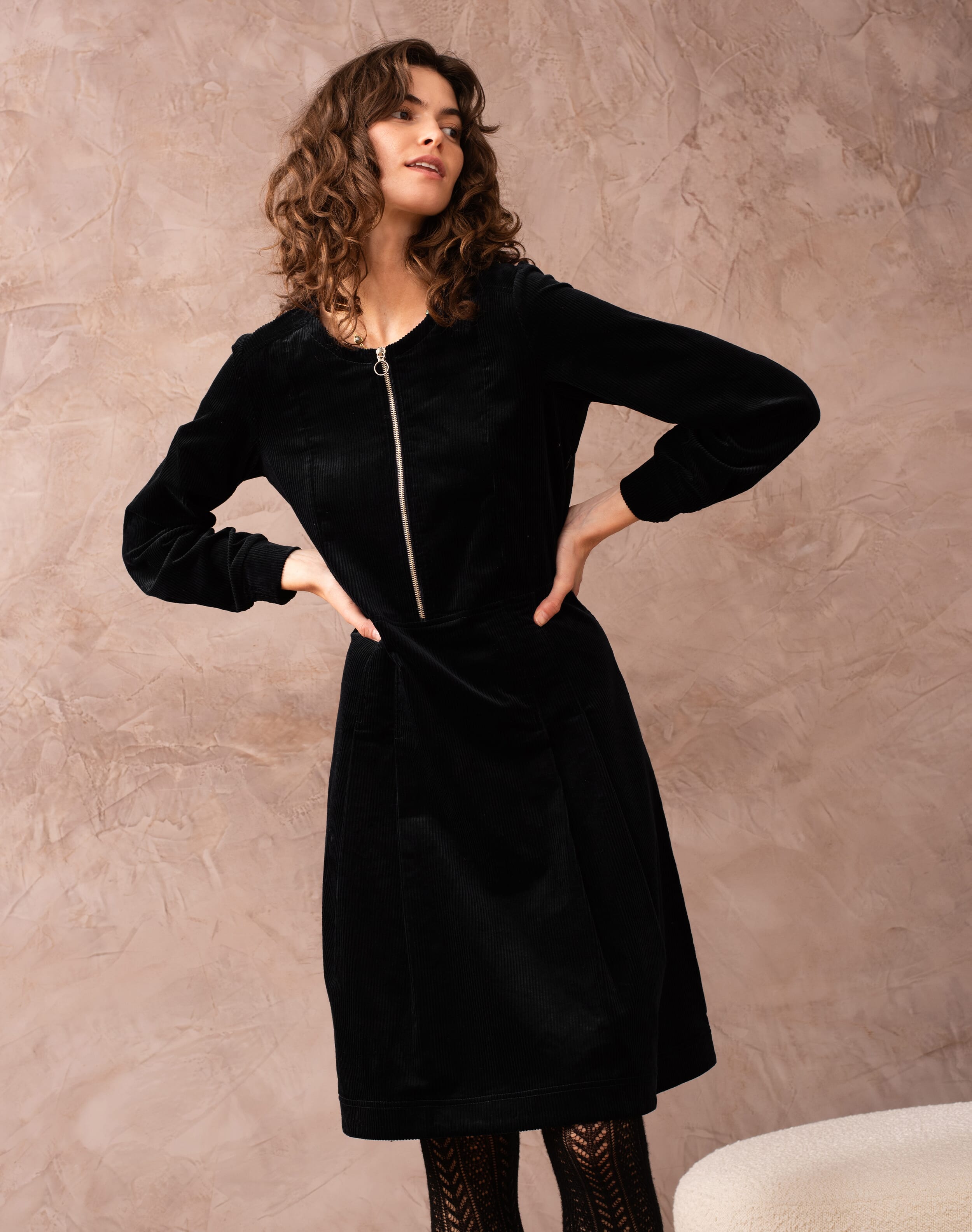 Brora Corduroy Zip Up Dress Black for Women  - Size: 18