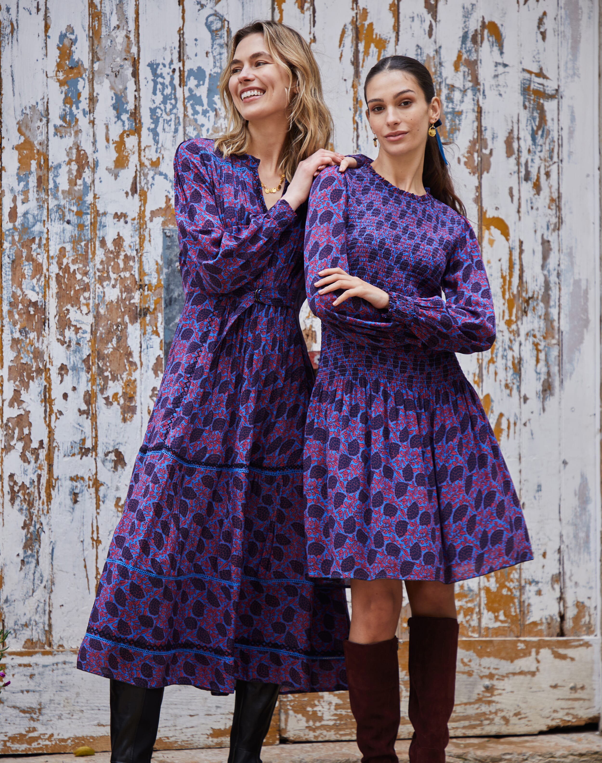 Floral Fan Print Shirred Dress China blue & clay