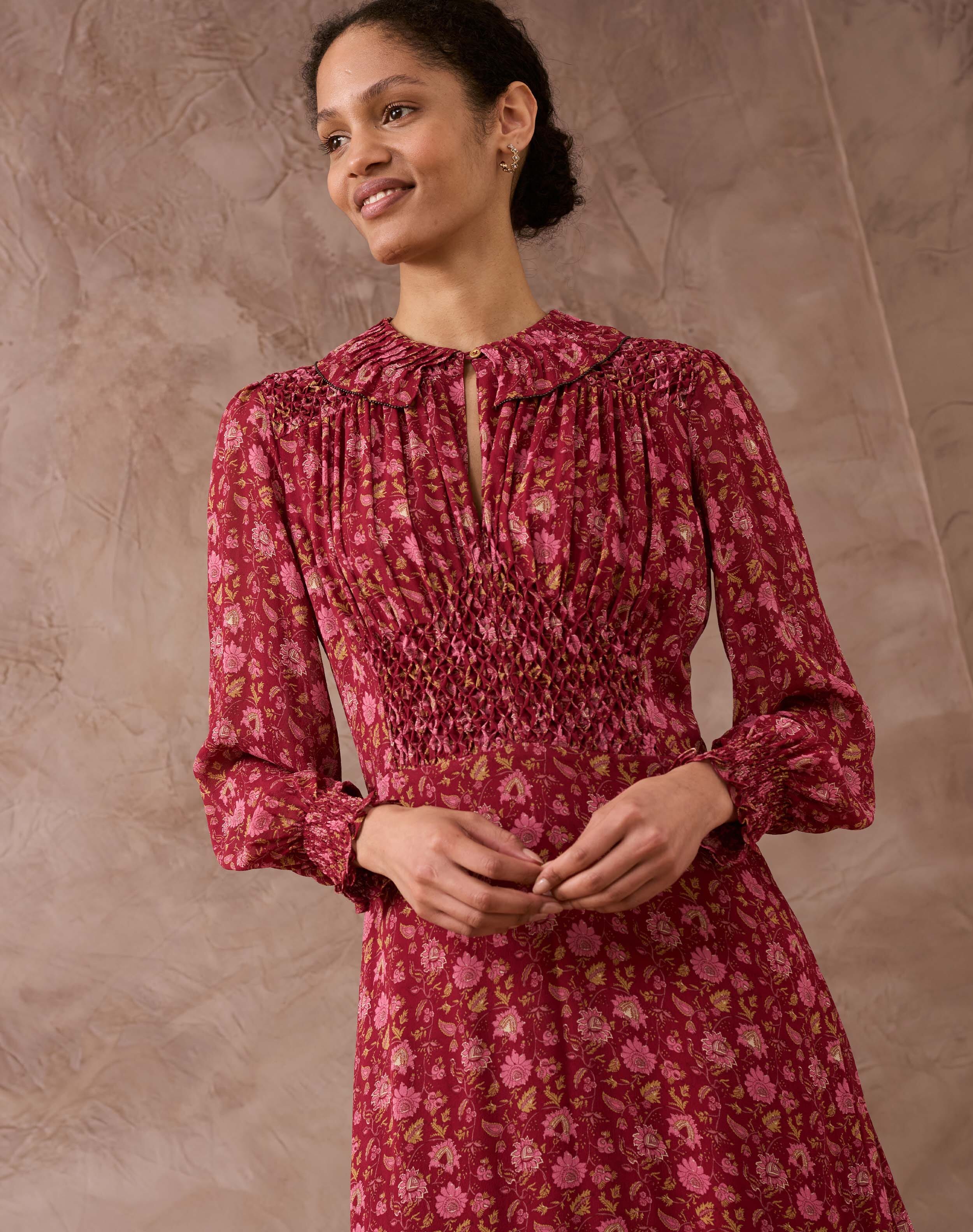 Silk Floral Block Print Dress Damson & rose