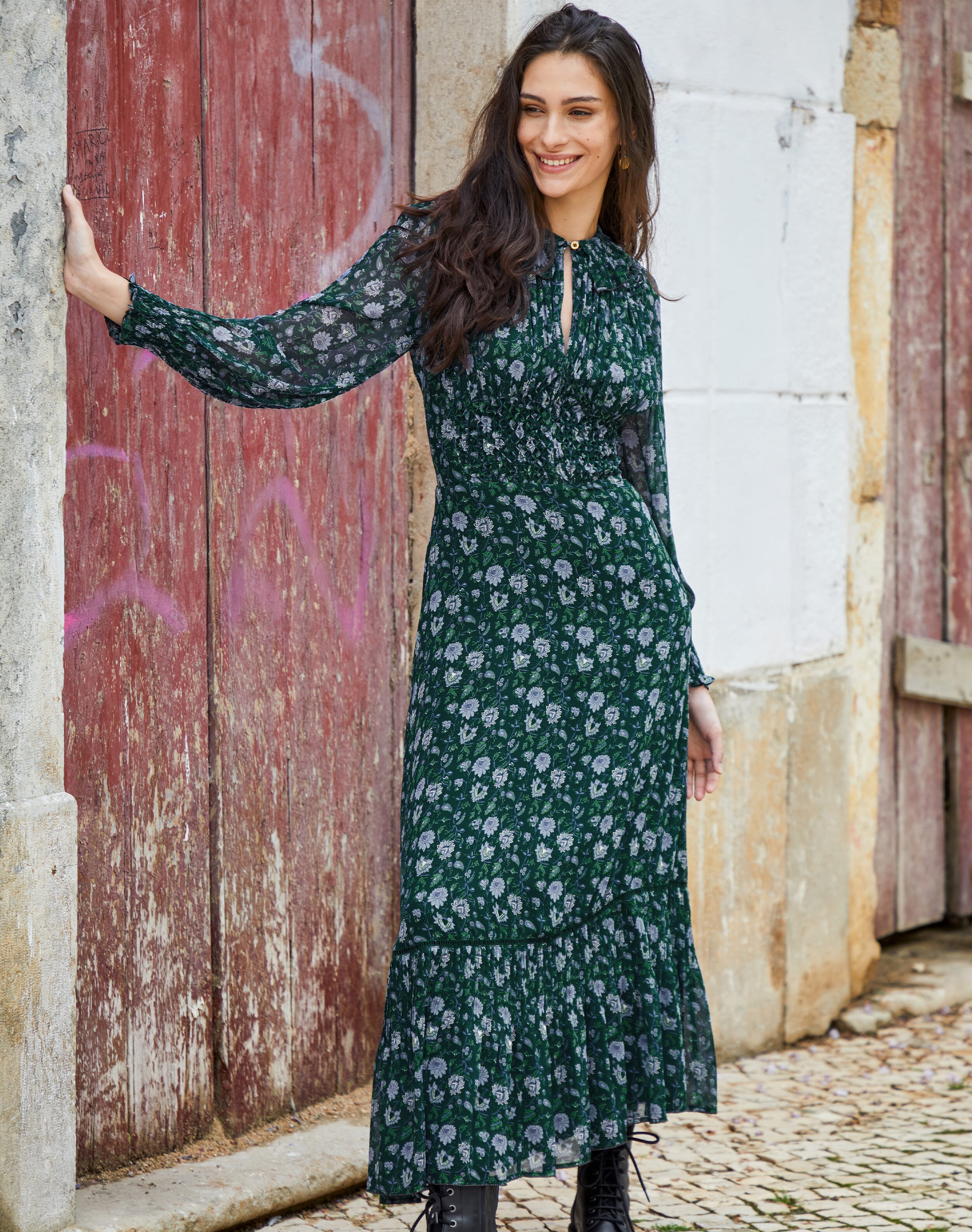 Silk Floral Block Print Dress Pine & iris