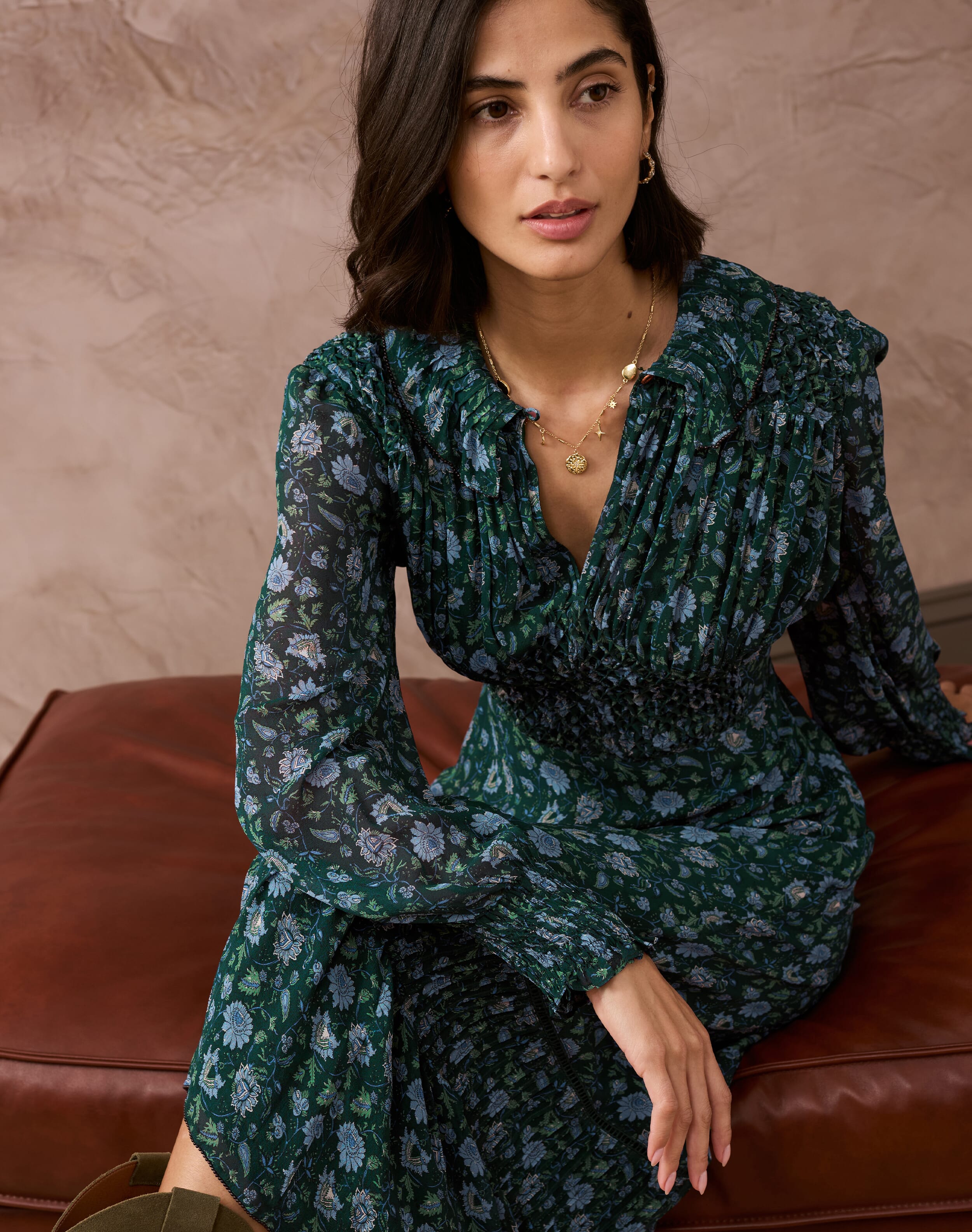 Brora Silk Floral Block Print Dress Pine & iris