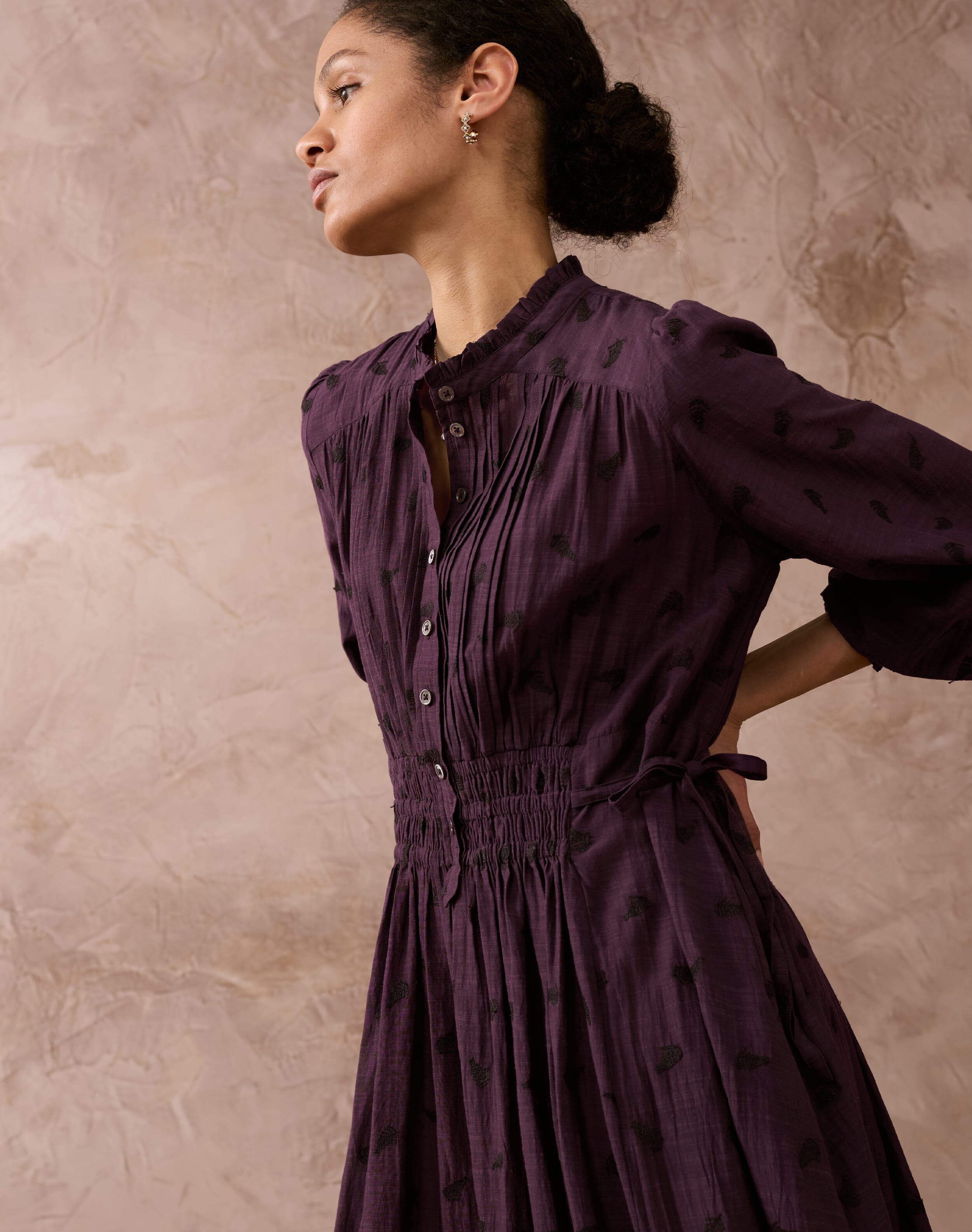 Embroidered Fern Shirt Dress Aubergine