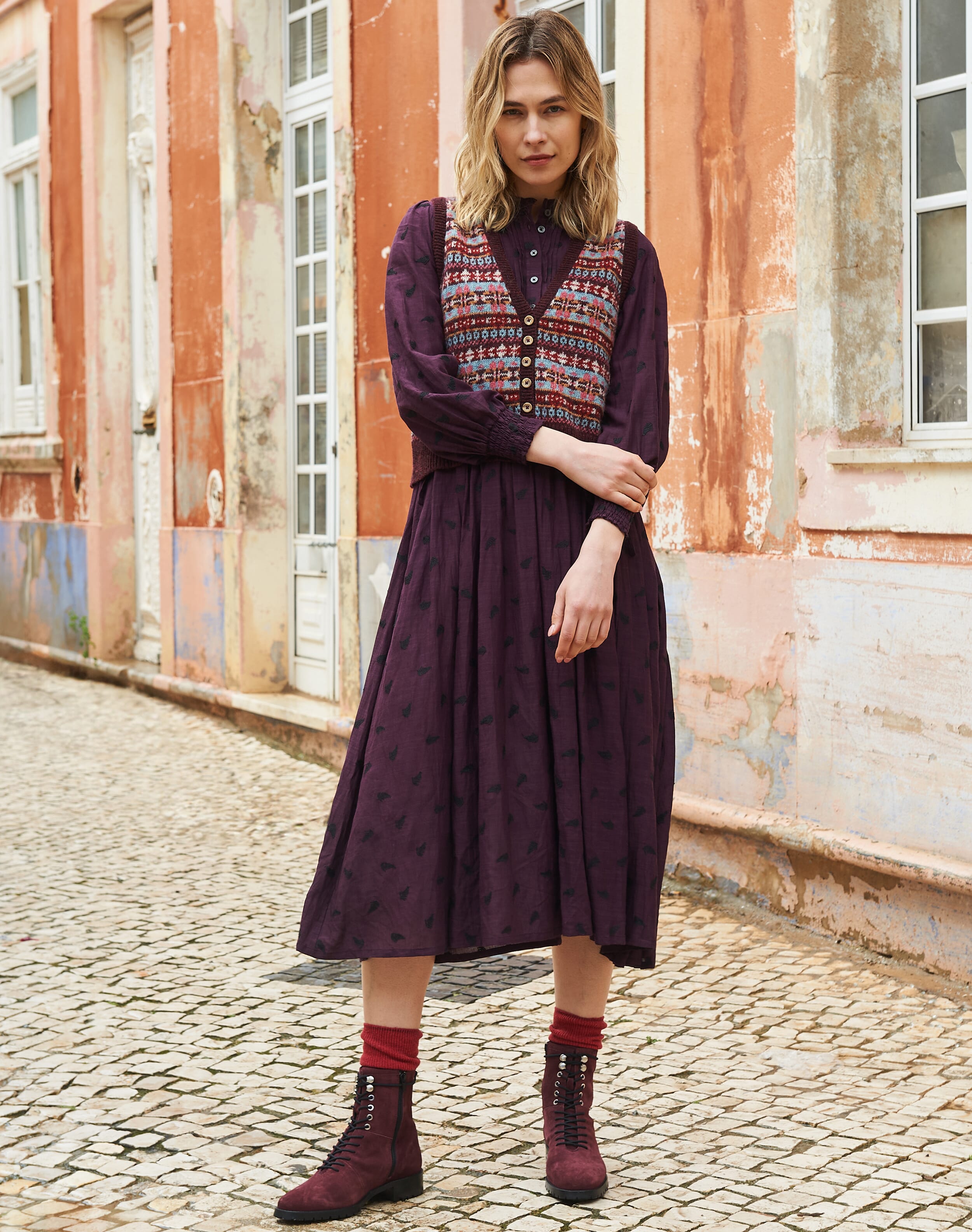 Embroidered Fern Shirt Dress in Aubergine | Brora Sale