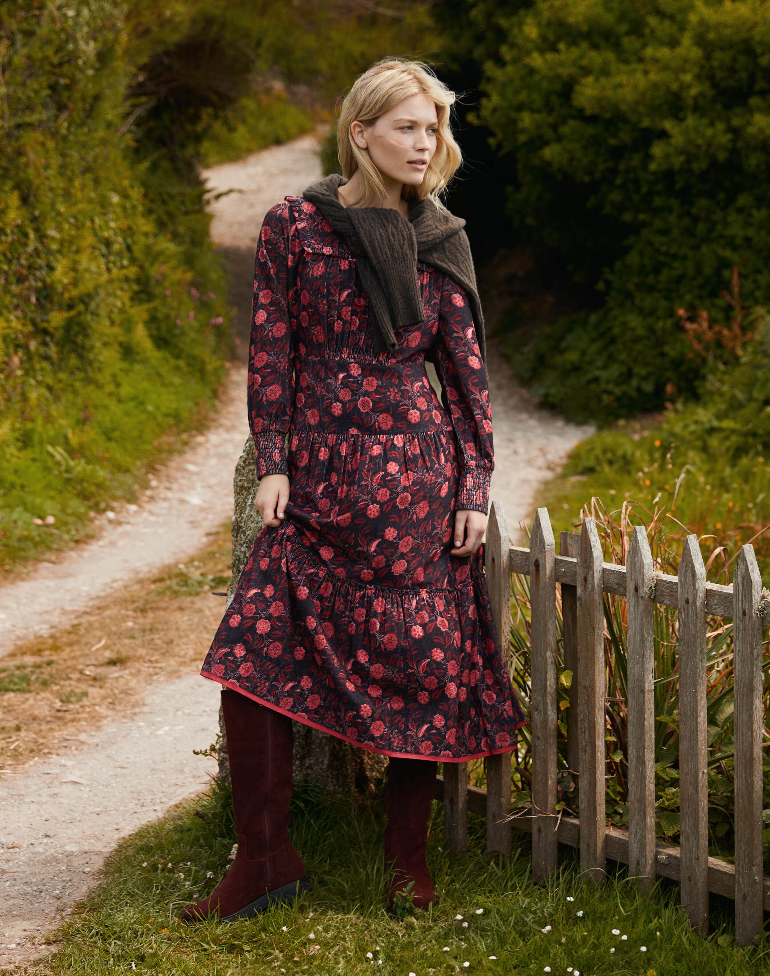 Needlecord Block Print Dress Carbon & henna