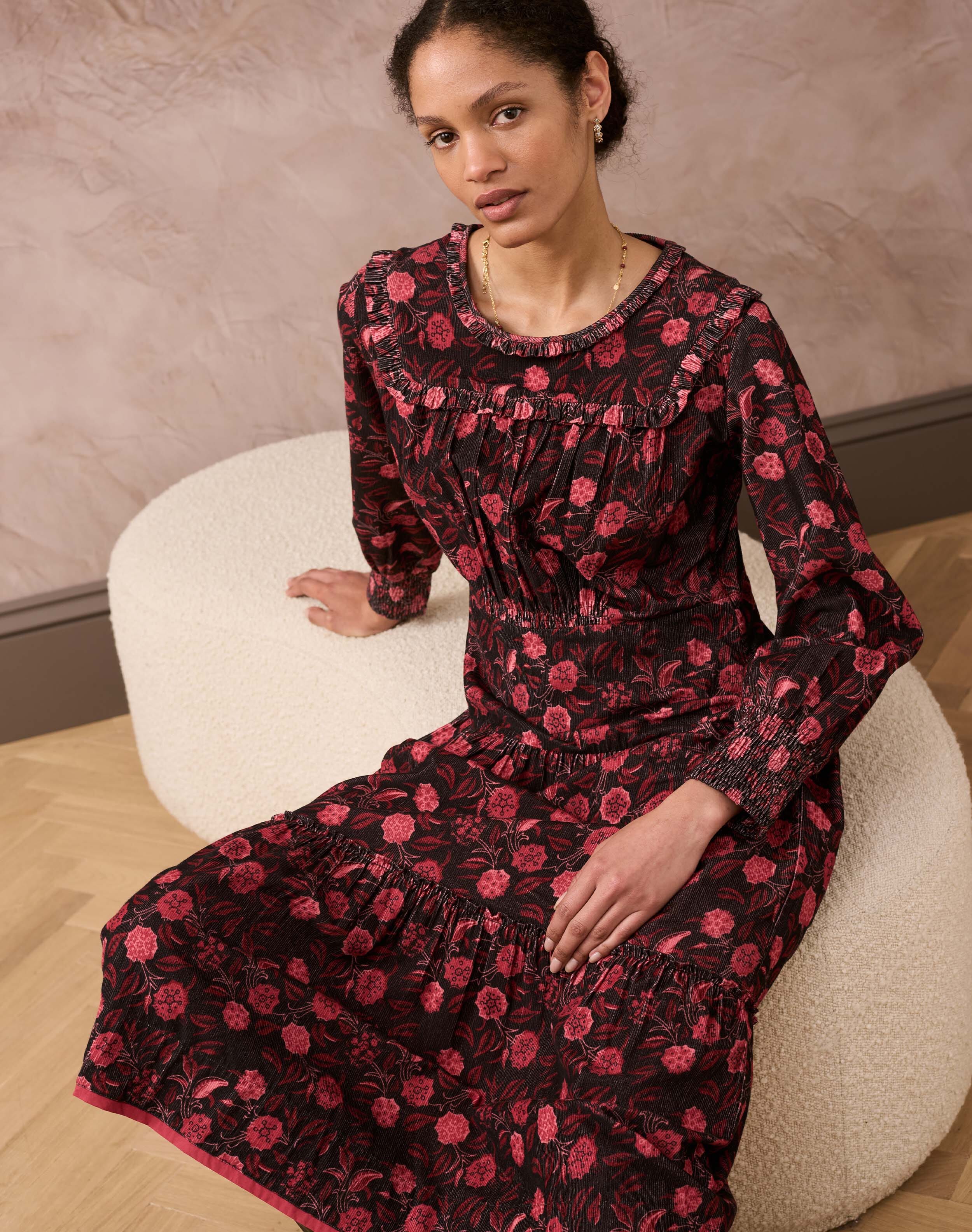 Brora Needlecord Block Print Dress Carbon & henna