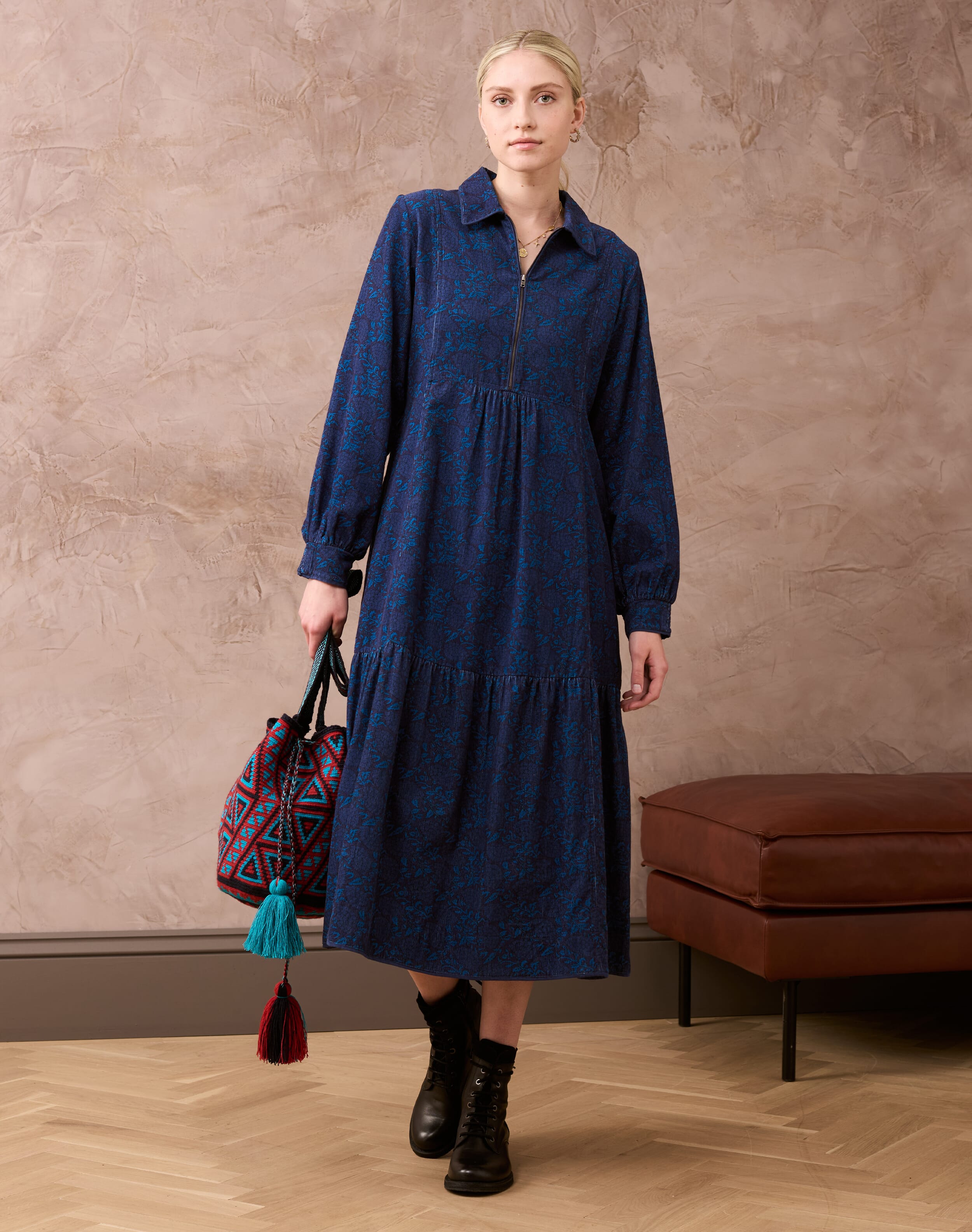 Brora Needlecord Botanical Print Zip Up Dress Dusk & navy for Women  - Size: 6