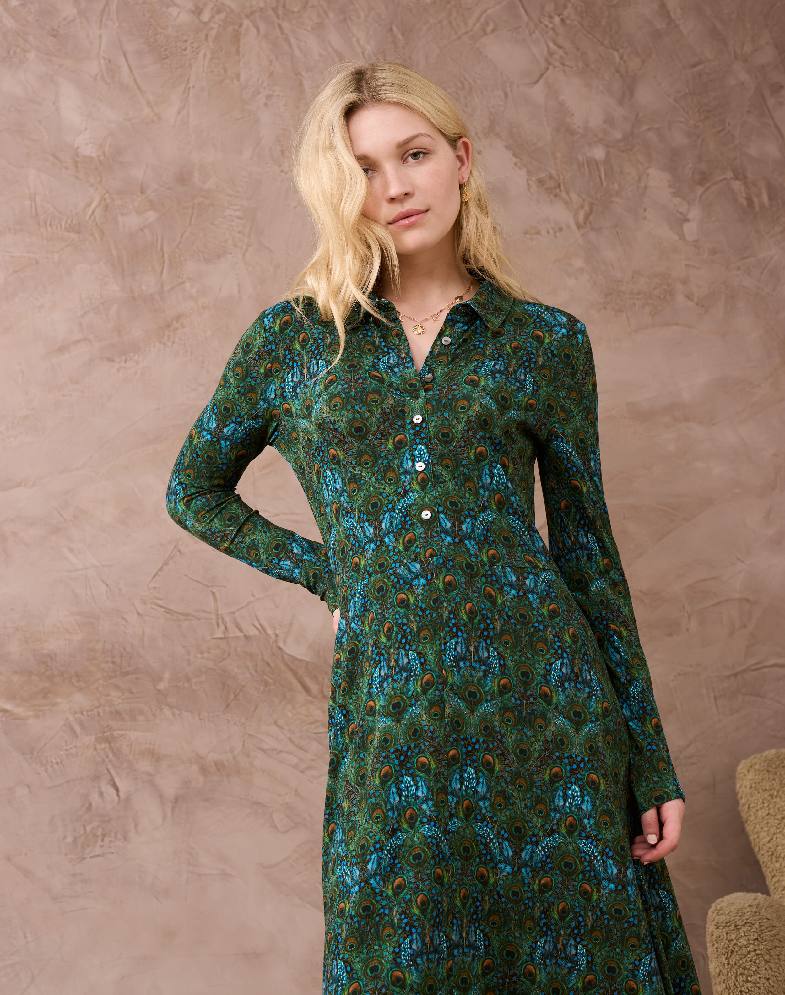 Liberty Print Jersey Shirt Dress Emerald peacock