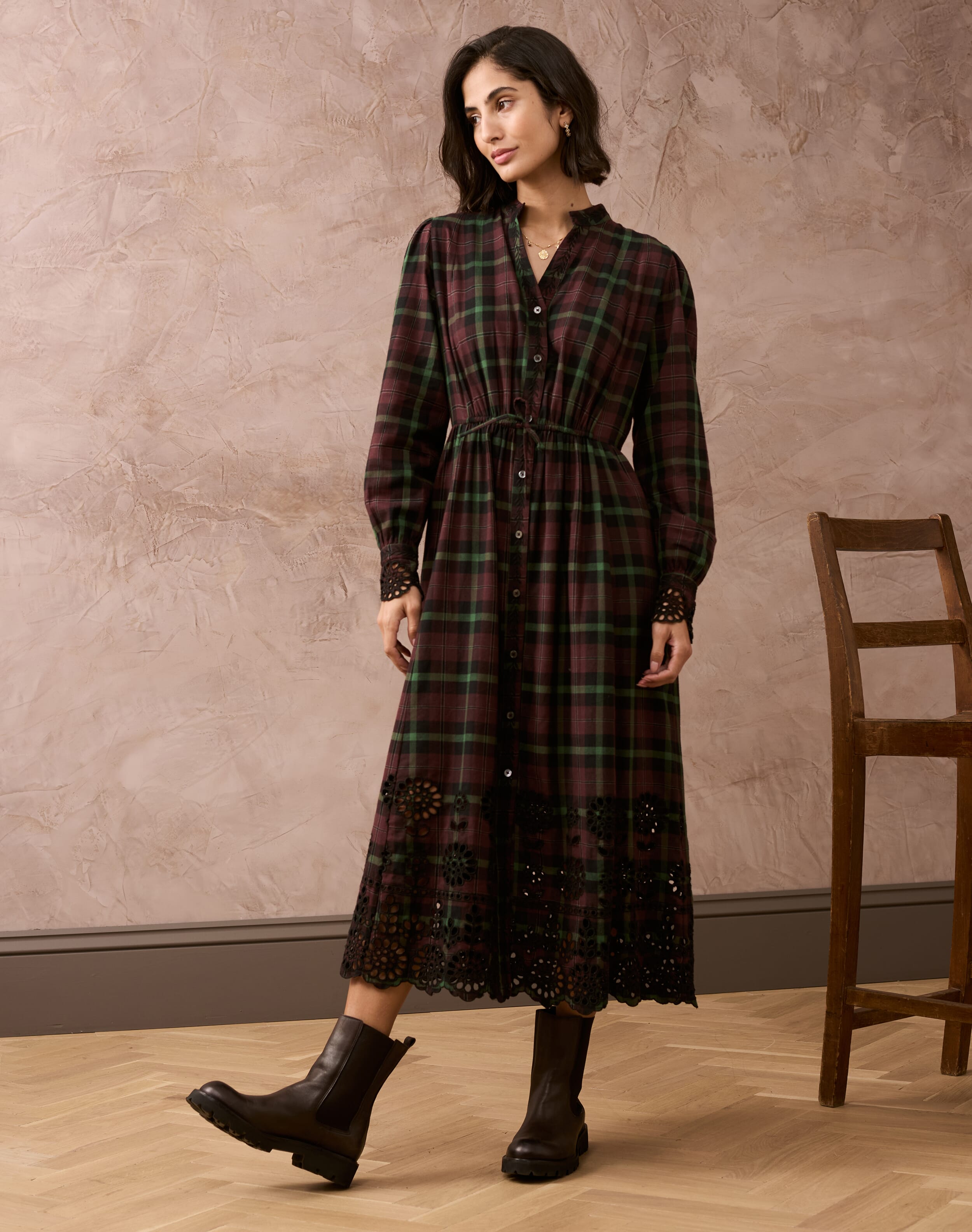 Brora Brushed Cotton Plaid Embroidered Dress Chocolate & thyme