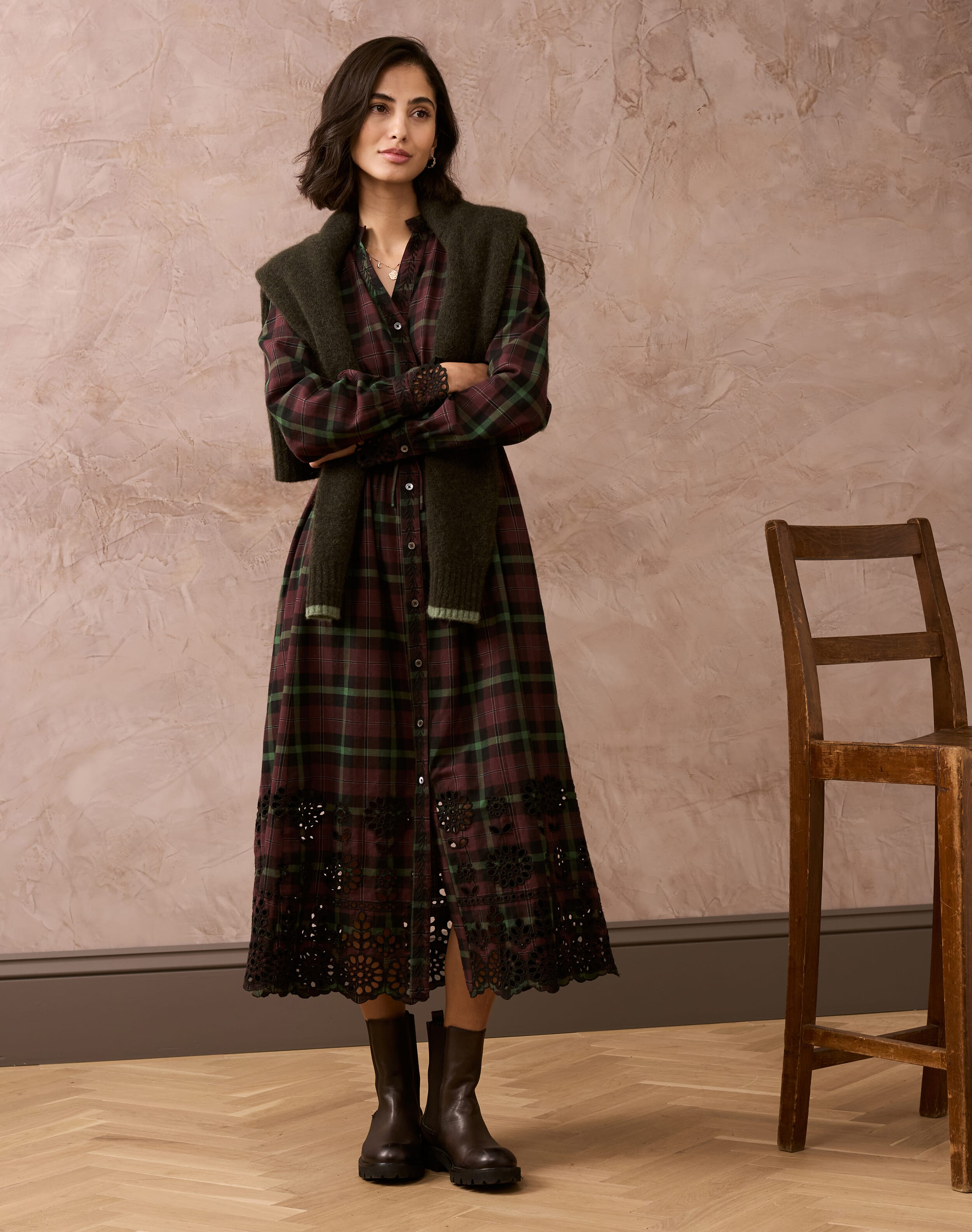Women's Plaid Embroidered Dress in Chocolate Brora Sale