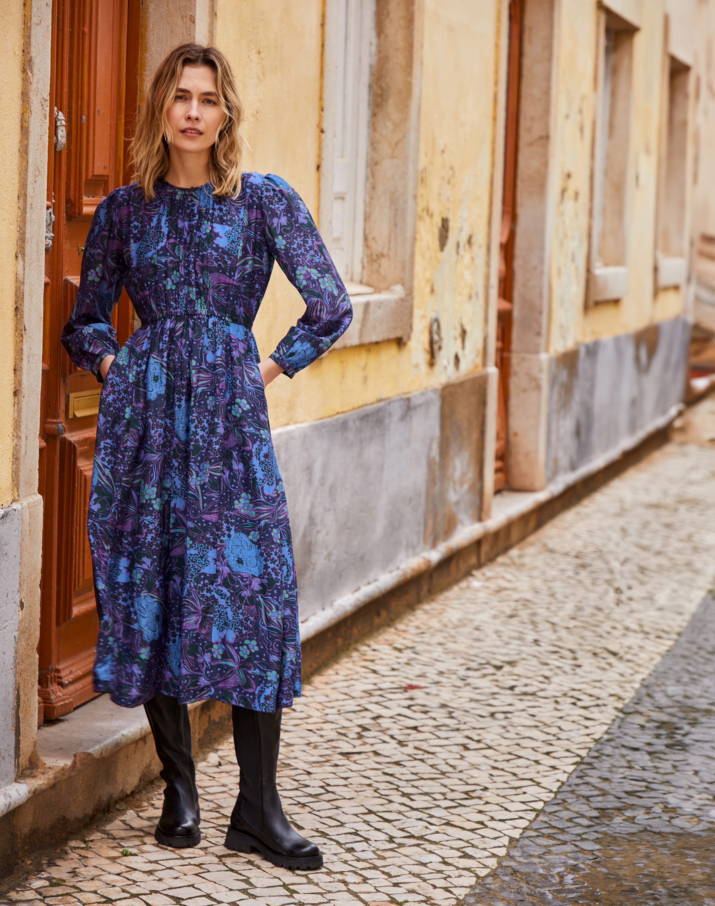 Silk Cotton Hydrangea Print Dress Ocean & amethyst