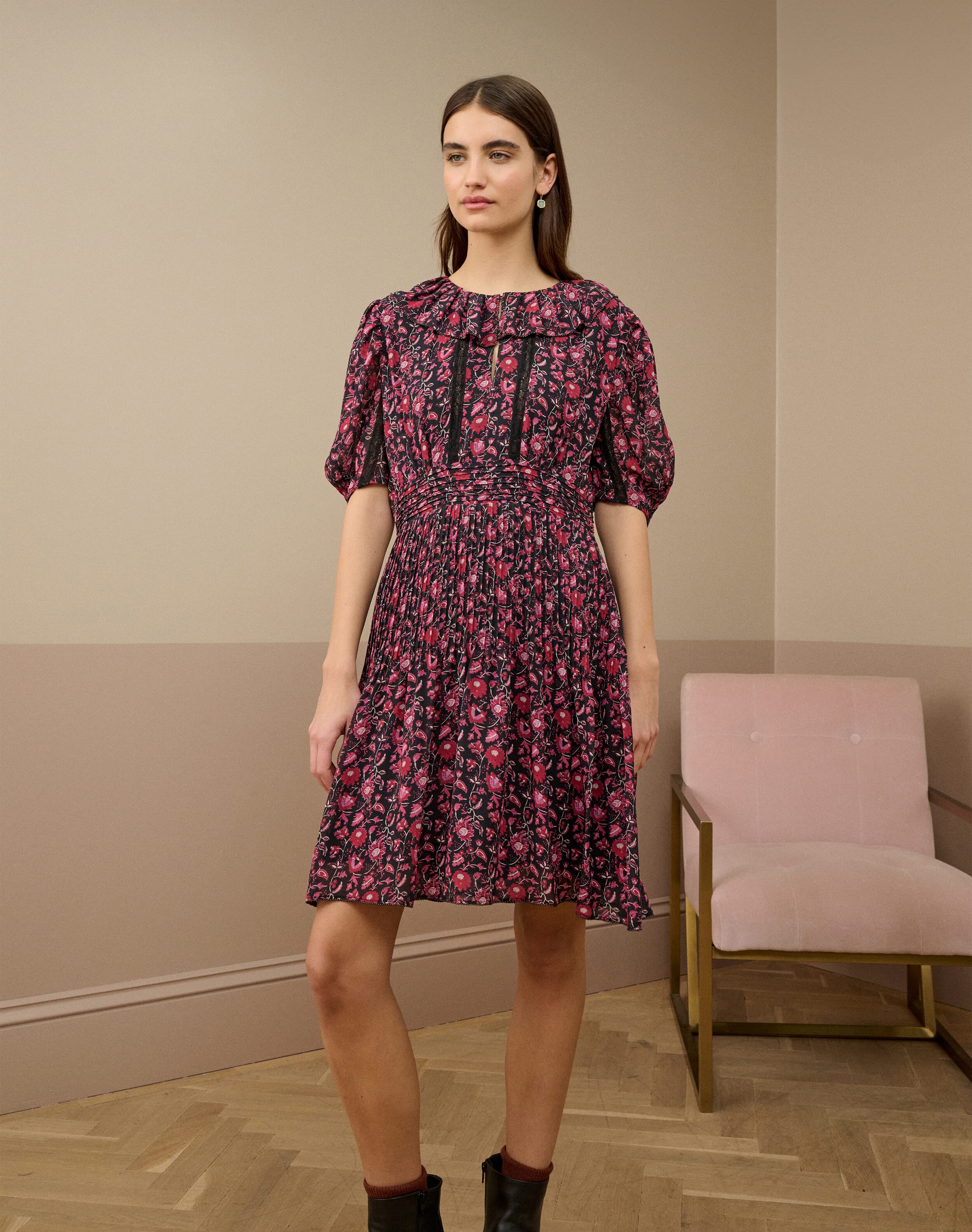 Brora Silk Botanical Print Pintuck Dress Black & raspberry