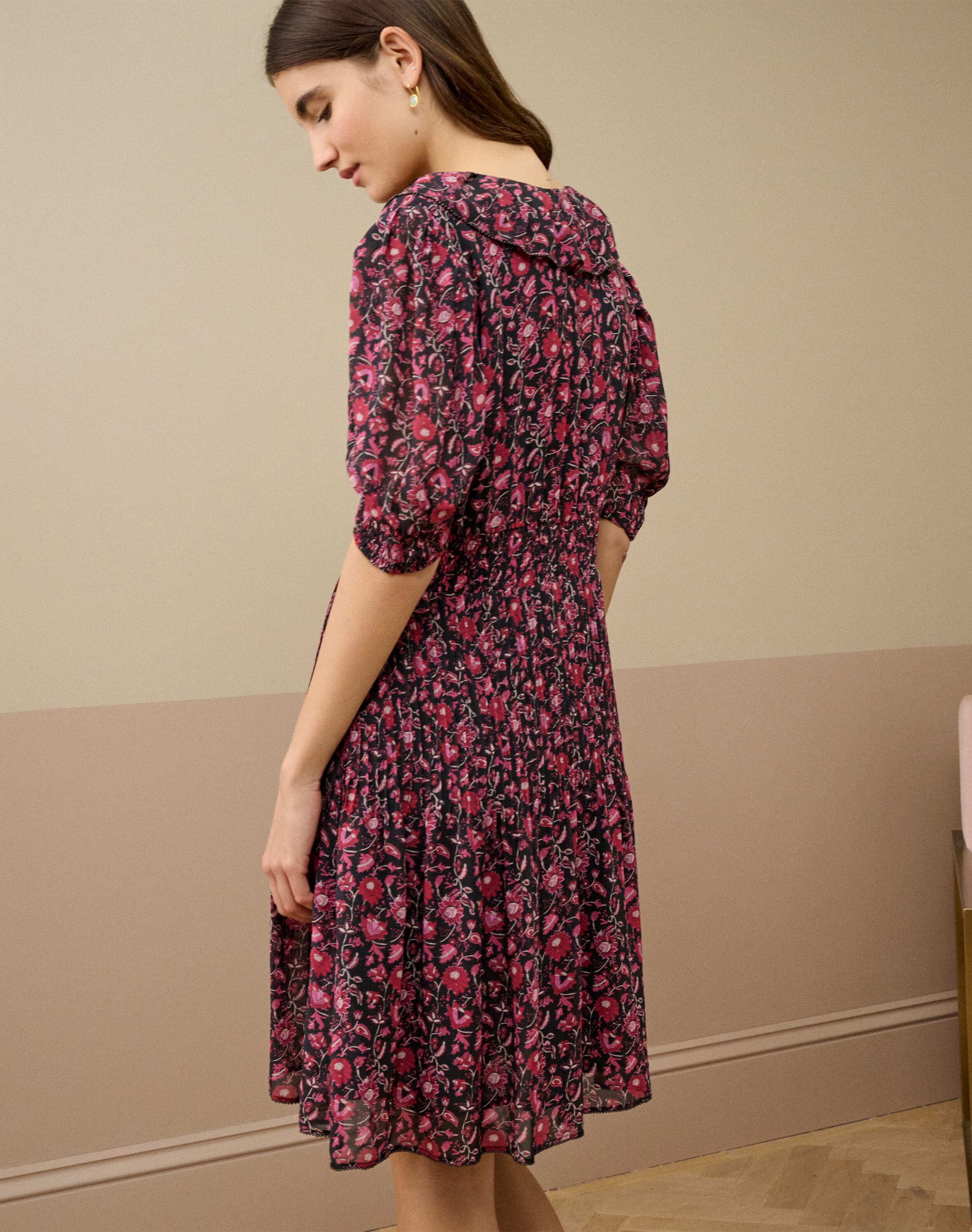 Silk Botanical Print Dress | Midnight & Raspberry | Brora Clearance