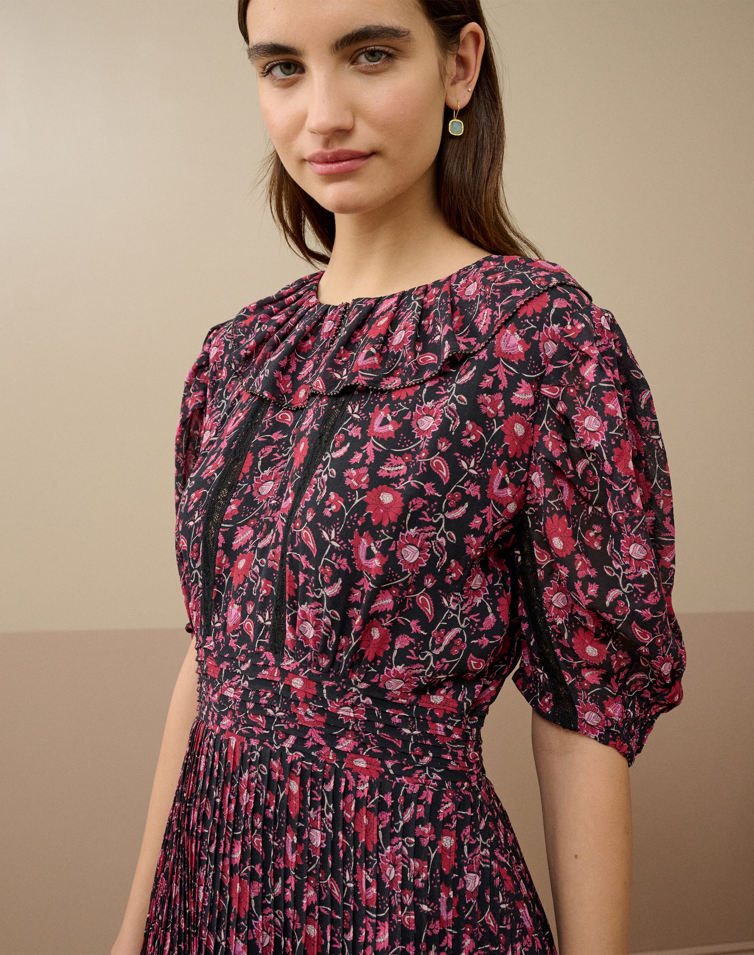 Silk Botanical Print Dress | Midnight & Raspberry | Brora Clearance