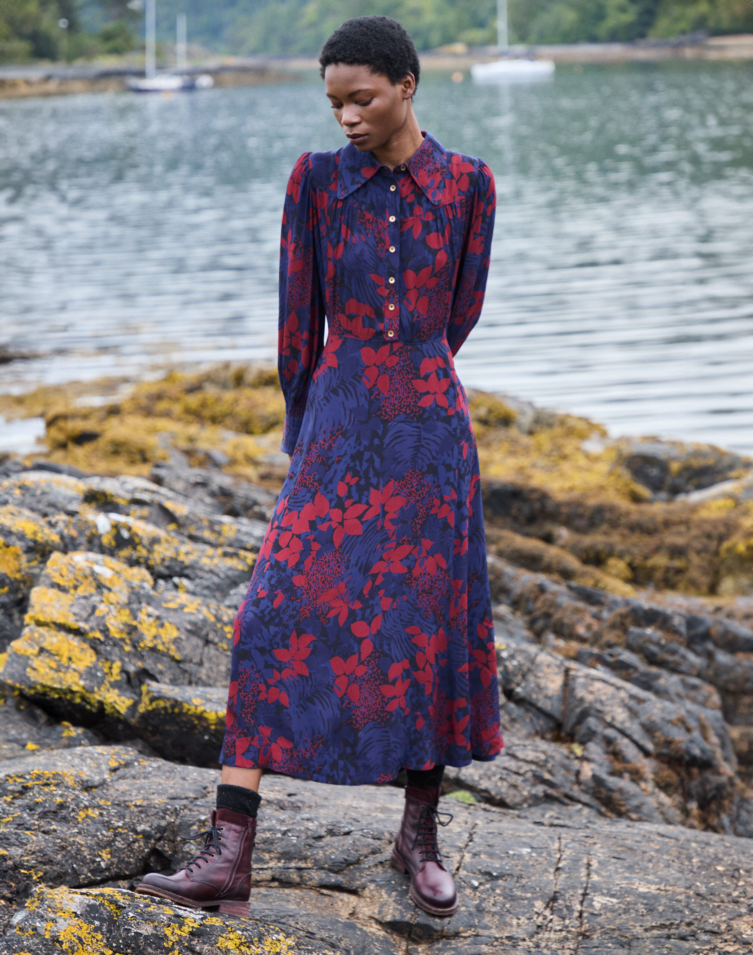 Brora Satin Backed Crepe Leaf Print Dress Indigo & cranberry