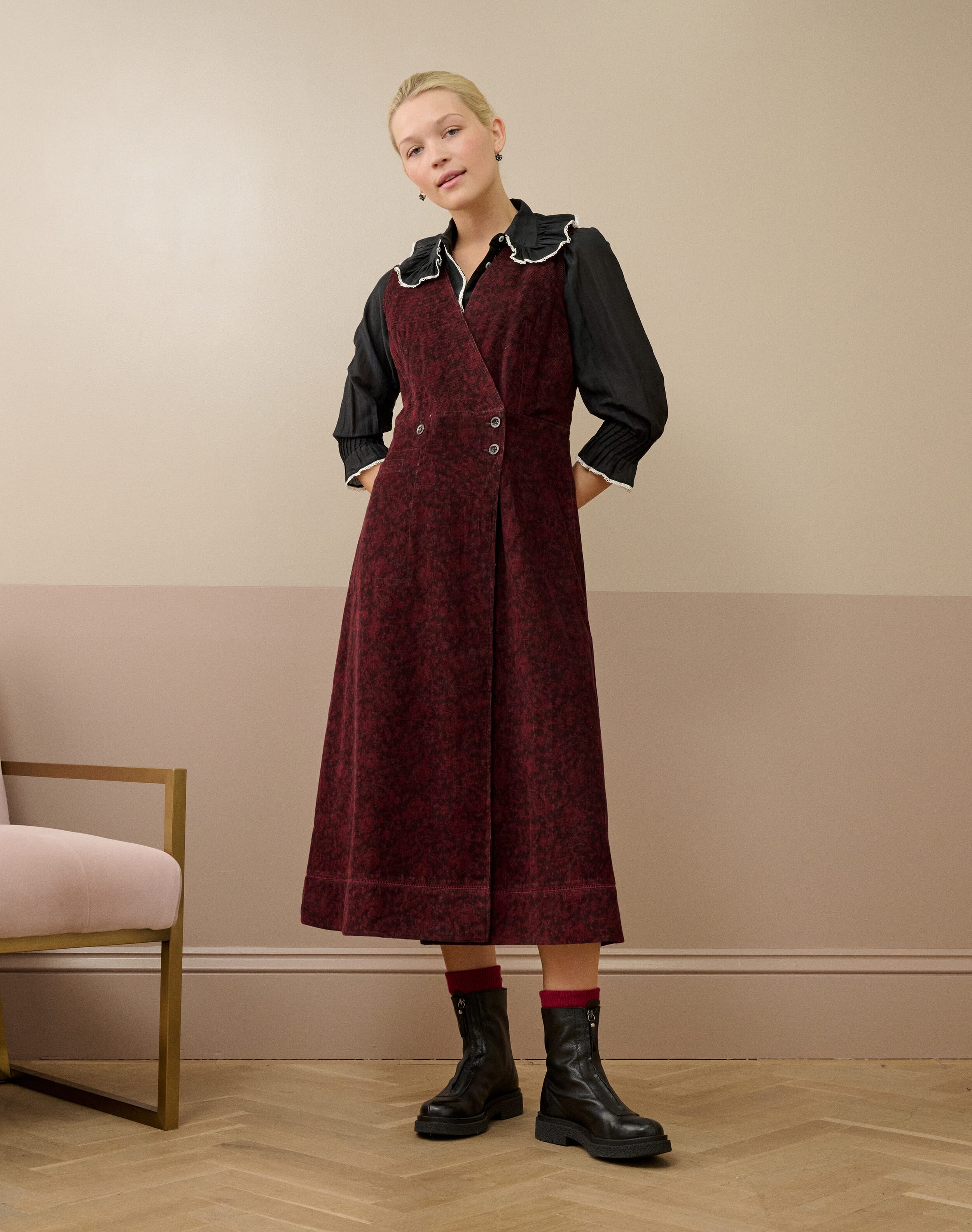 Organic Needlecord Pinafore in Chocolate & Brick | Brora Clearance