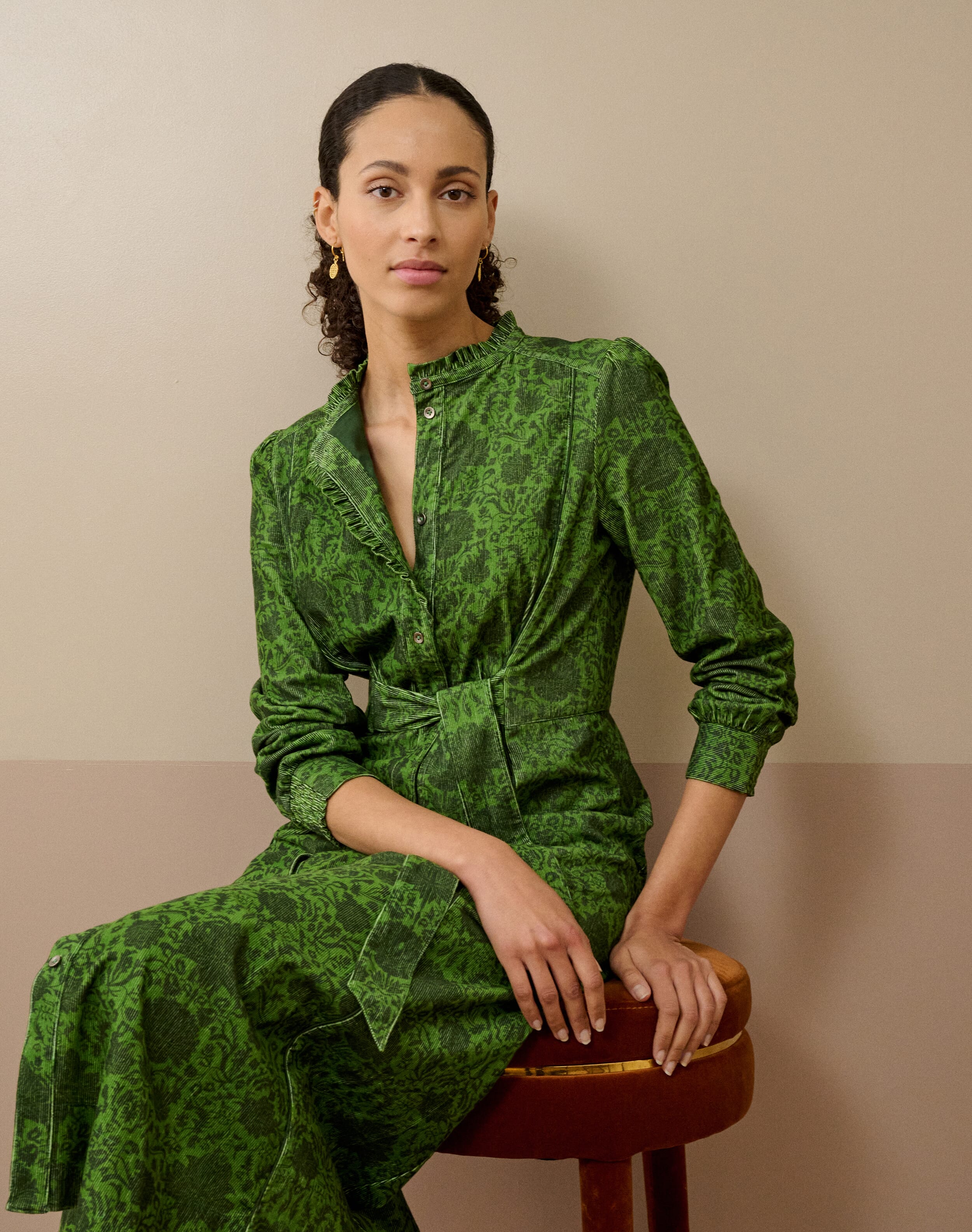 Brora Organic Needlecord Frill Shirt Dress Olive