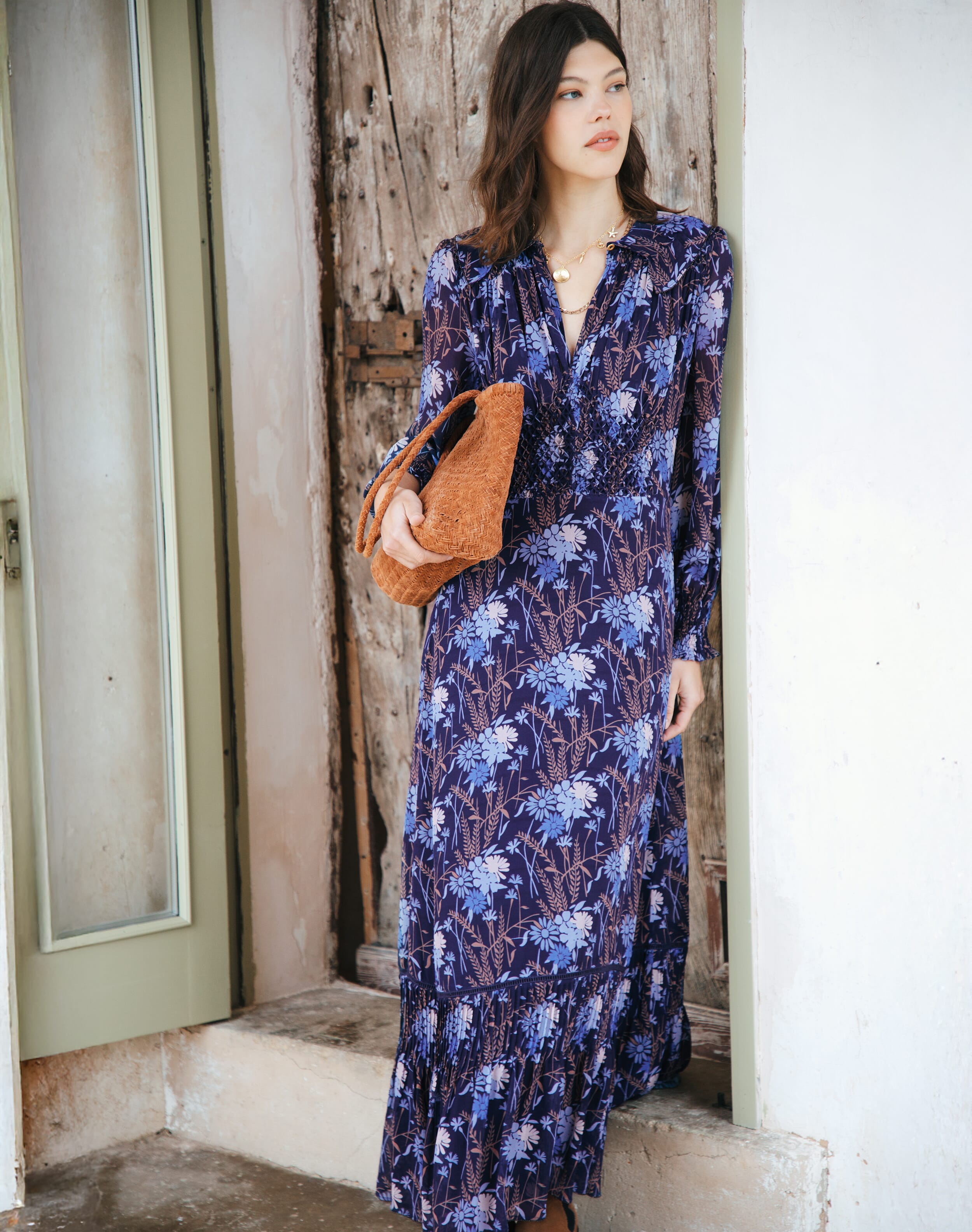 Brora Silk Smocked Dress Navy