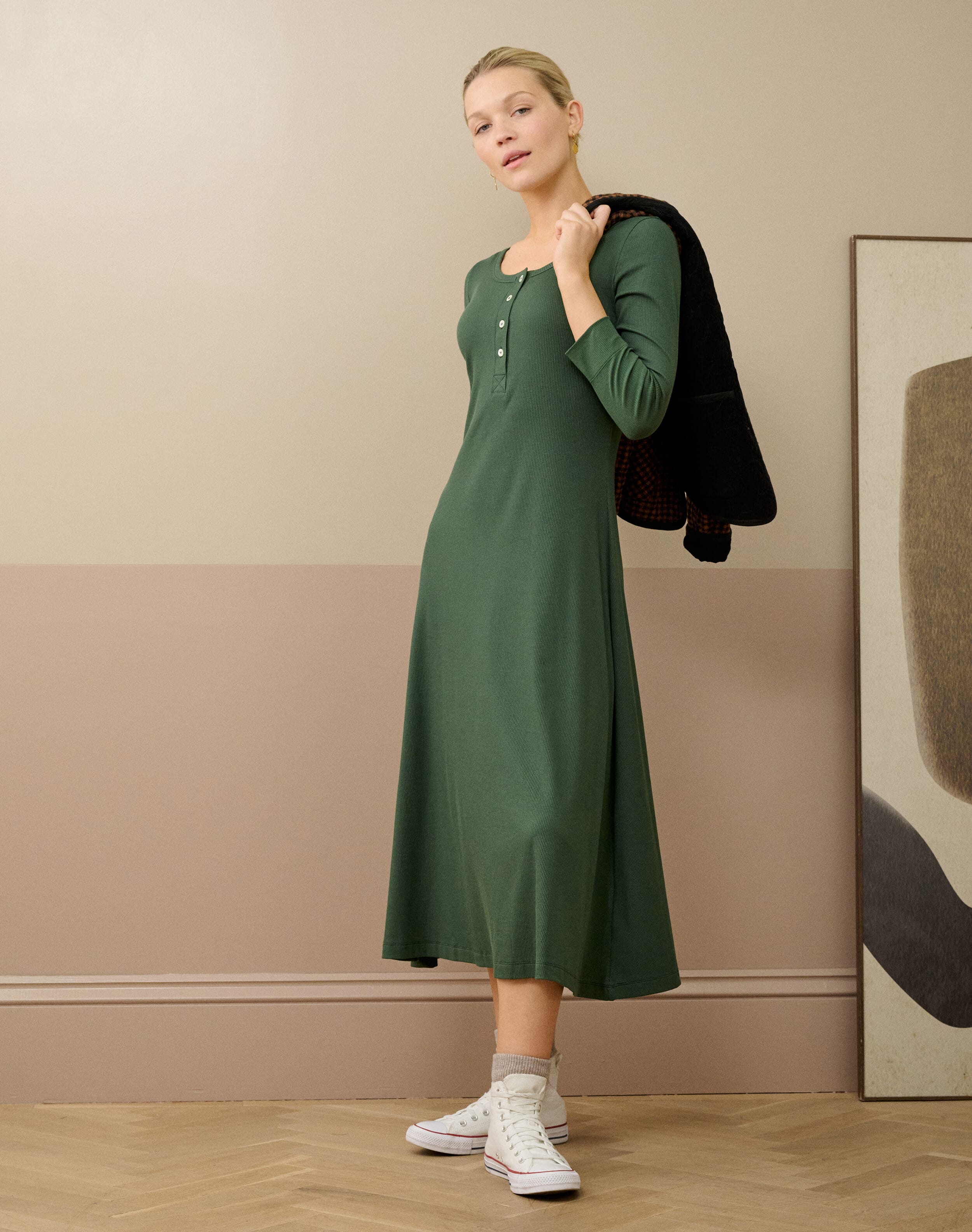 Brora Organic Cotton Ribbed Jersey Dress Cedar - 2