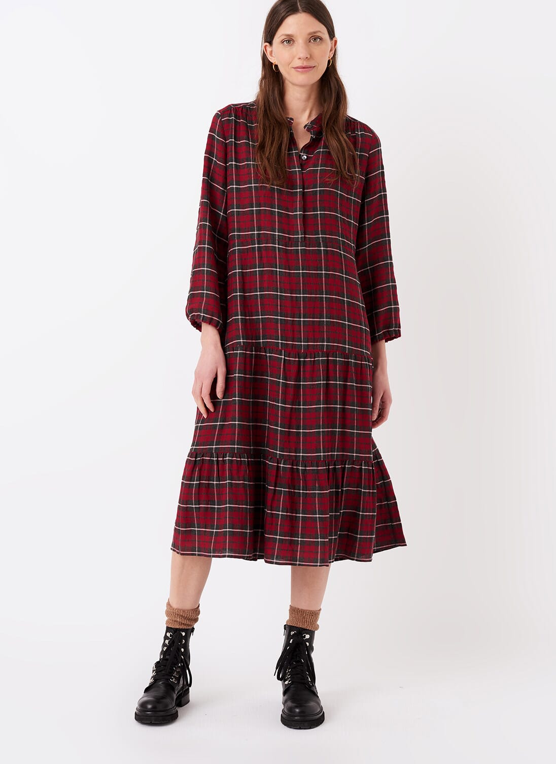 Charcoal & Ruby Plaid Tiered Shirt Dress | Midi Dresses | Brora