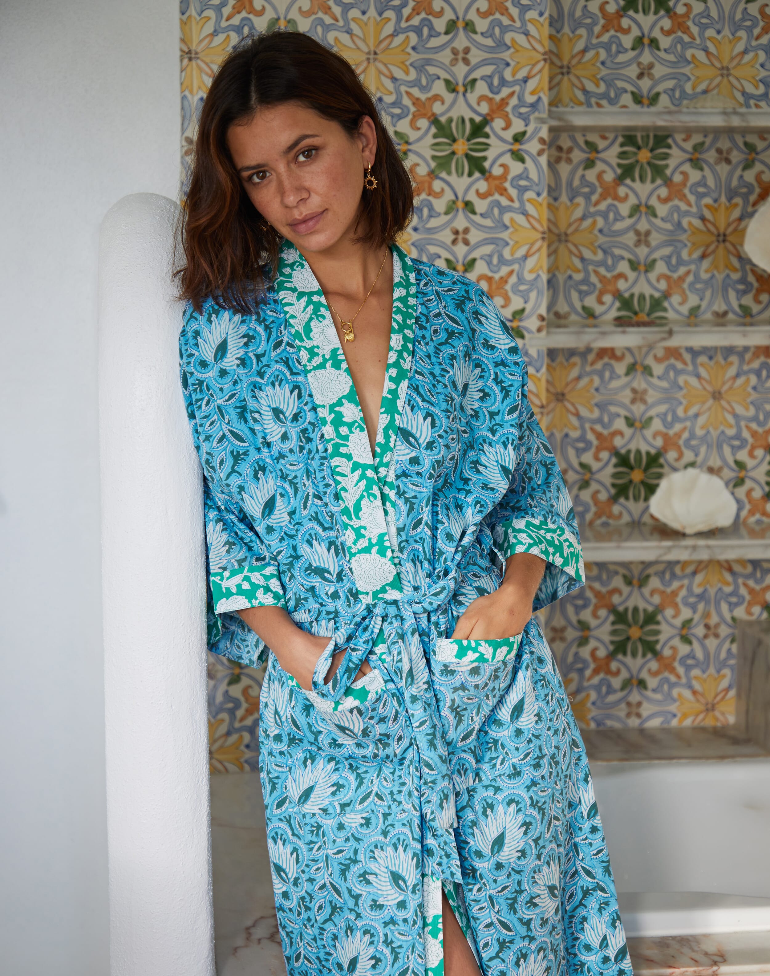 Organic Cotton Patchwork Dressing Gown Sky & emerald