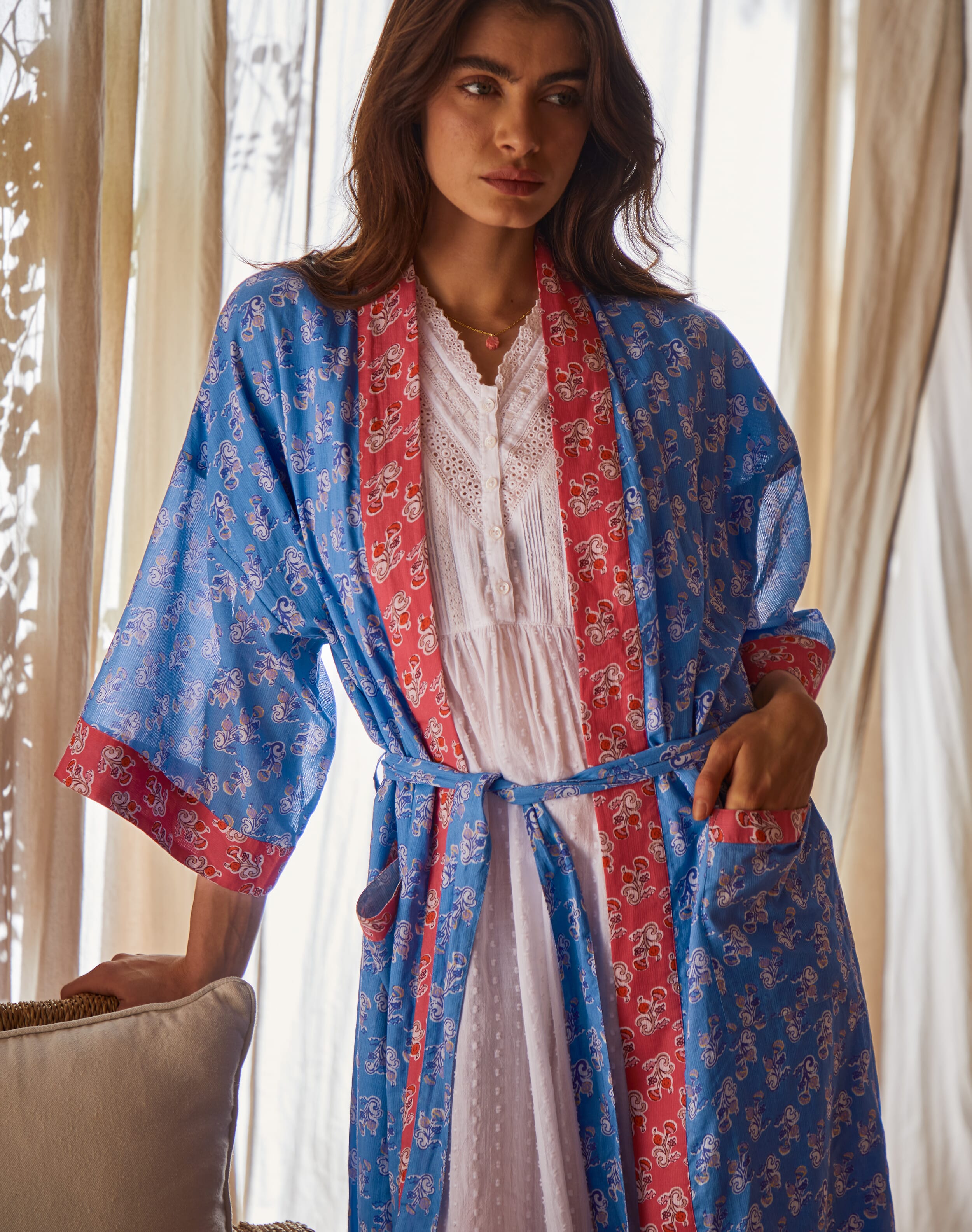 Brora Organic Cotton Patchwork Dressing Gown Delft & raspberry