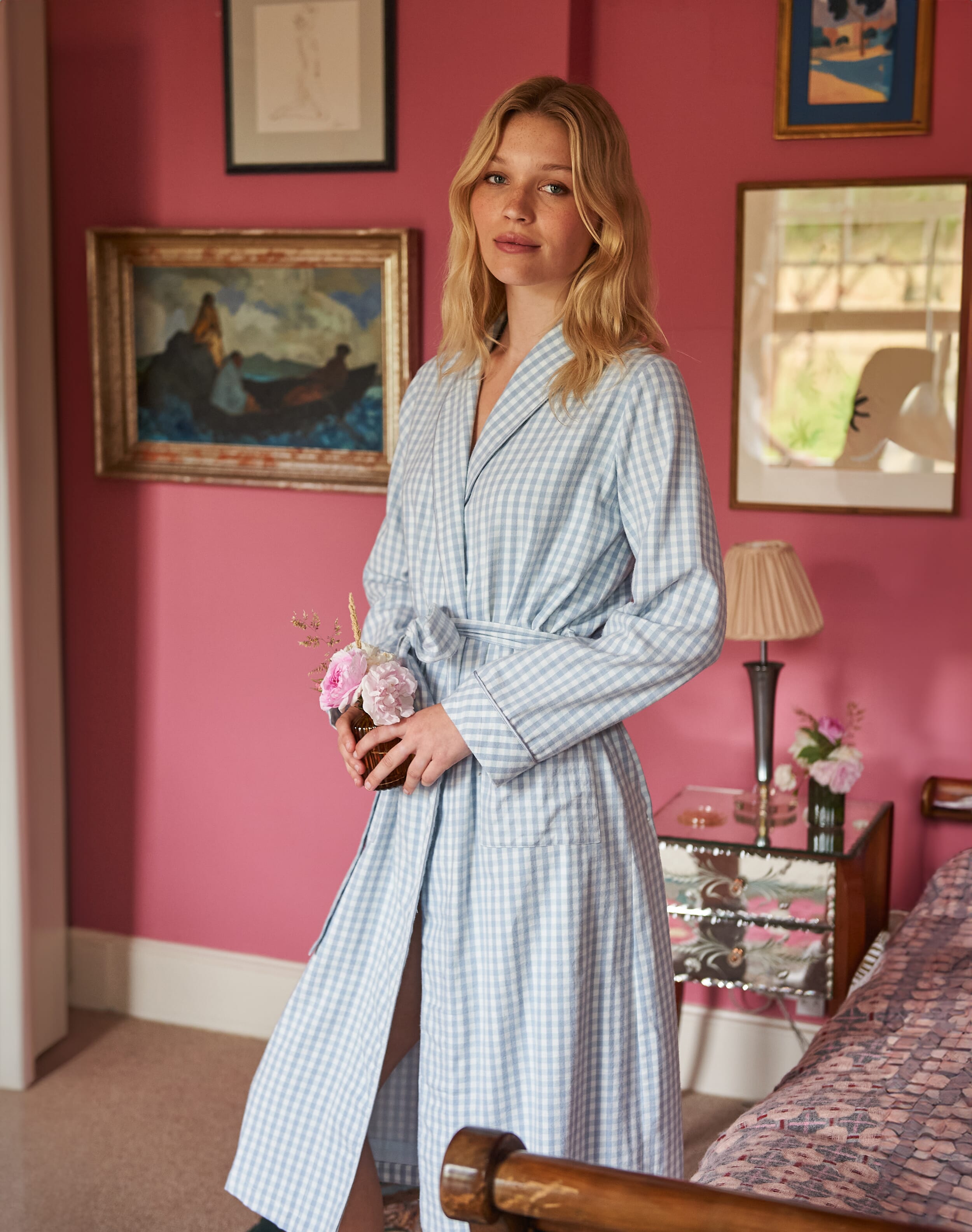 Brora Brushed Cotton Check Dressing Gown Sky 