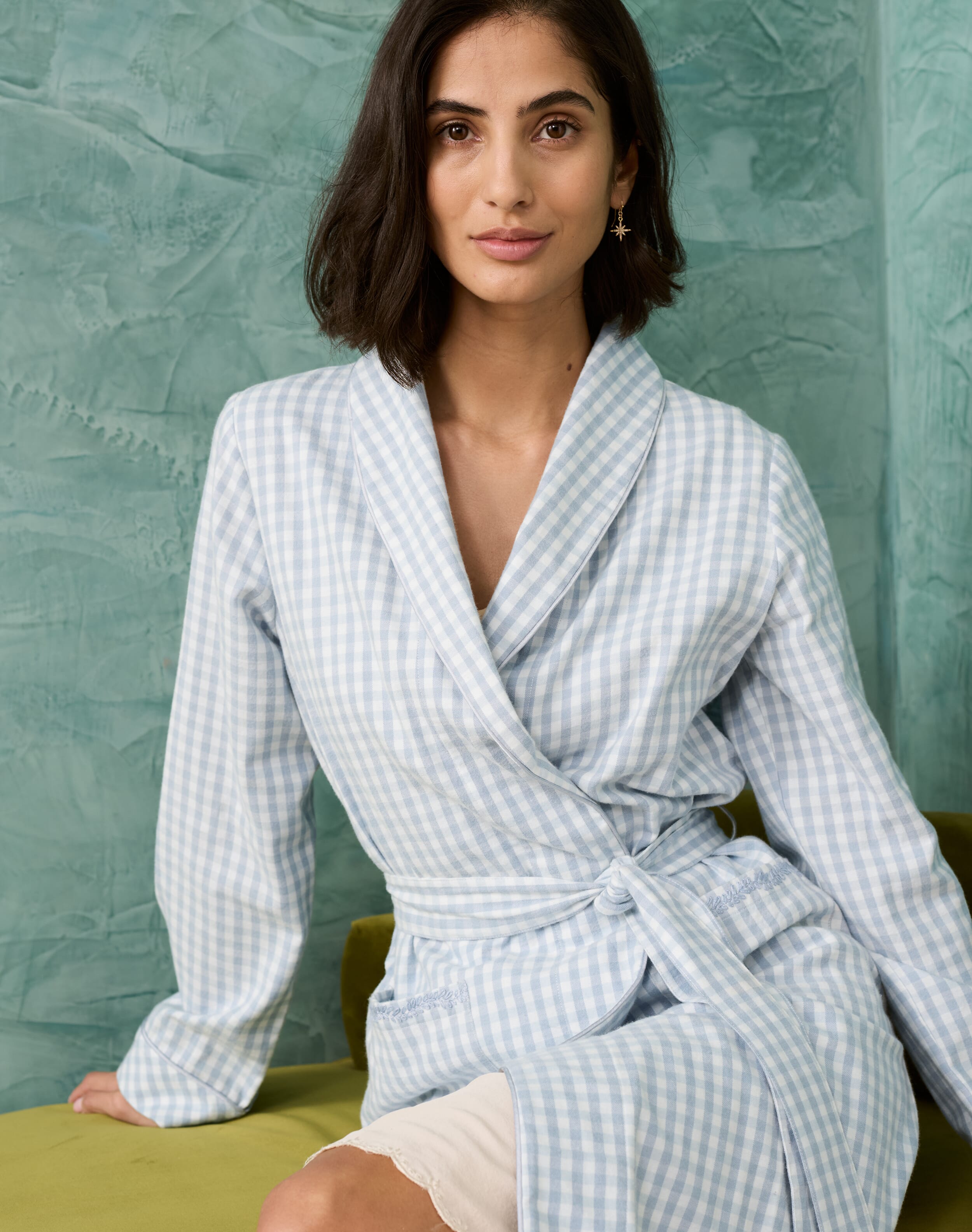 Brushed Cotton Check Dressing Gown in Sky | Brora Sale