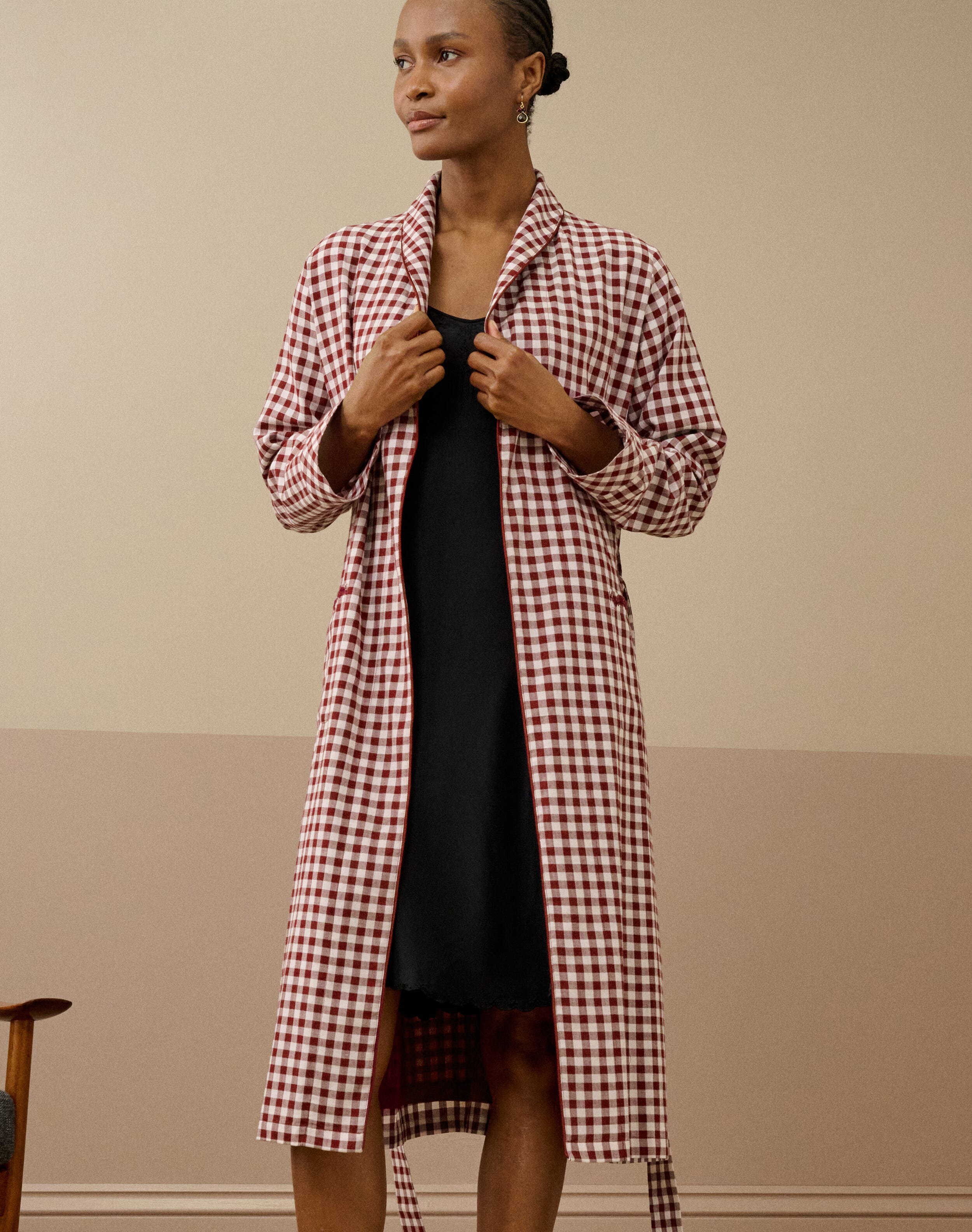 Brora Embroidered Gingham Dressing Gown Mulberry & shell