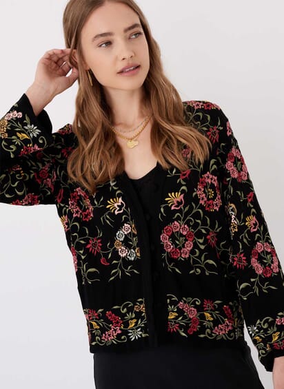 Black Embroidered Floral Jacket Women's Jackets Brora UK