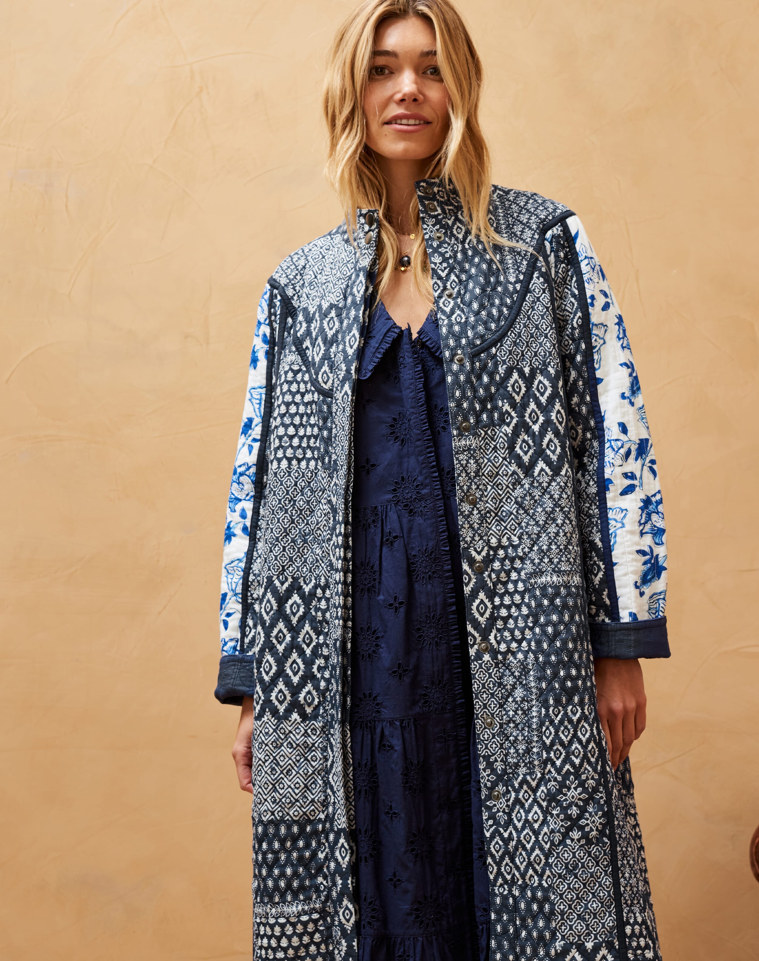 Cotton Block Print Quilted Coat Indigo