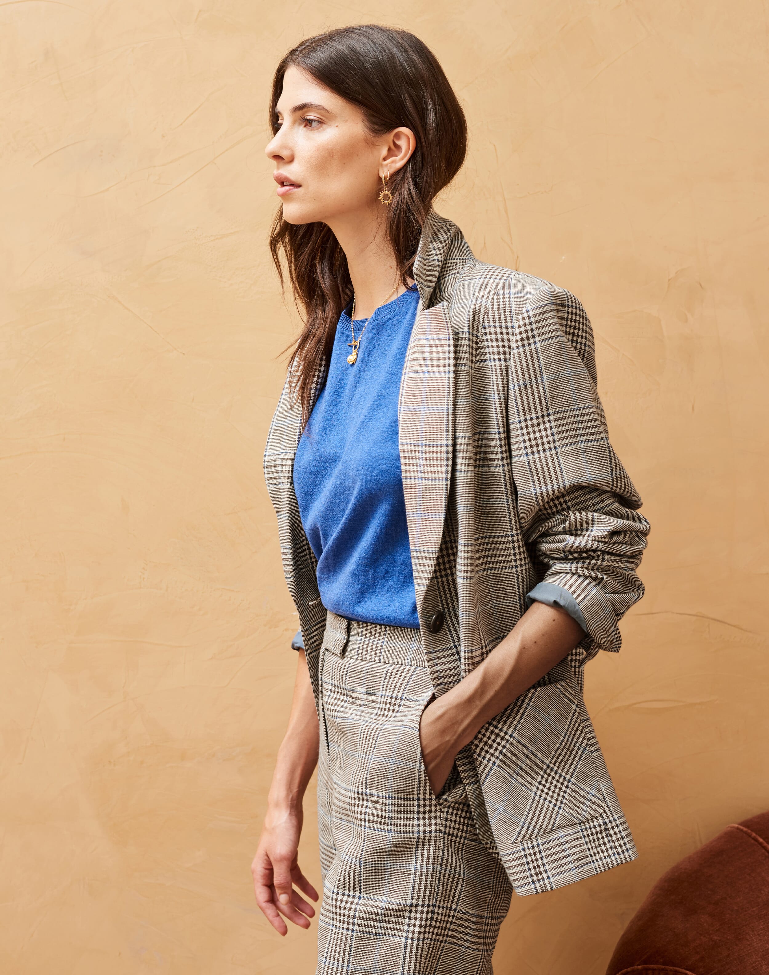 Cotton Linen Check Jacket Otter Sky