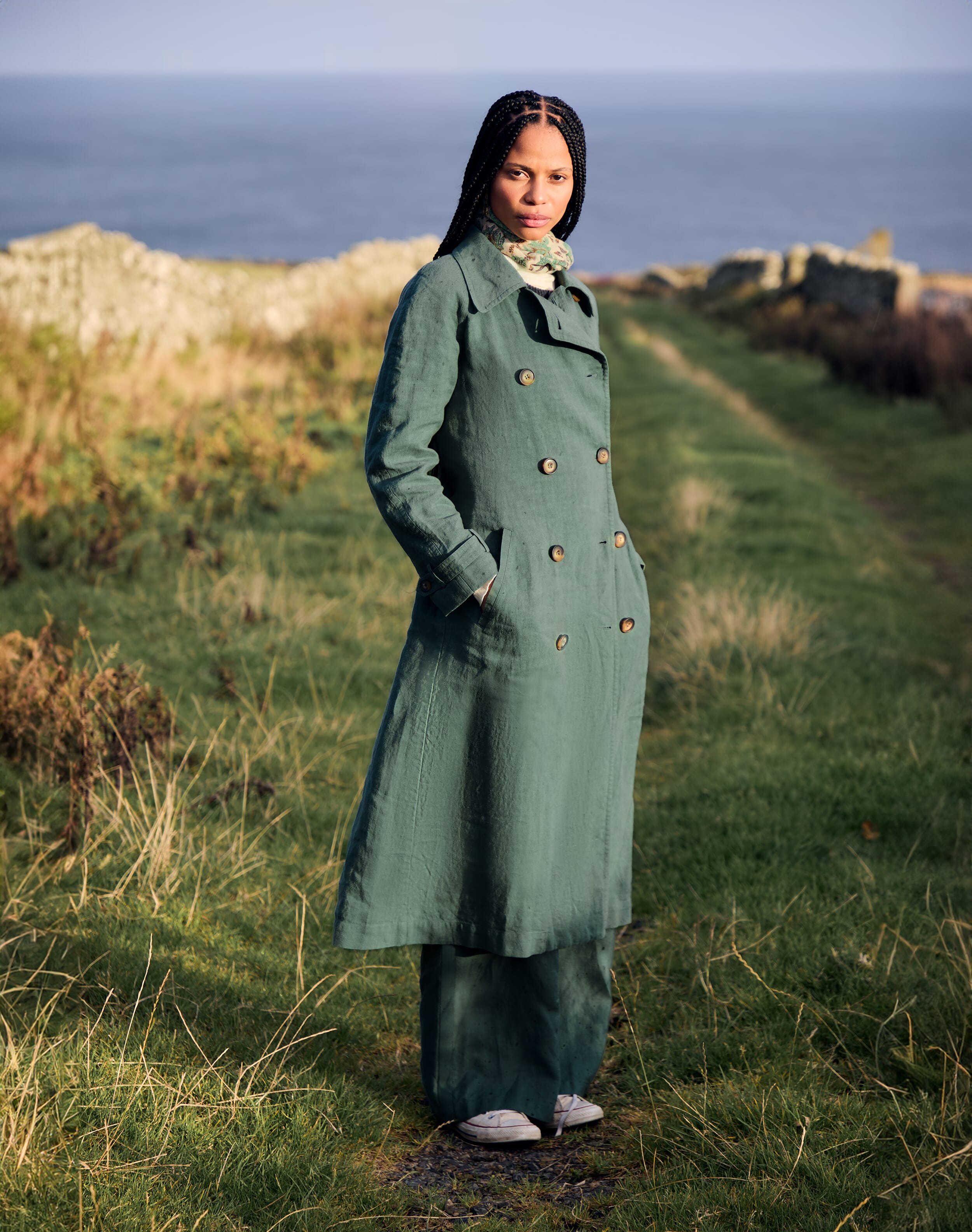 Brora Washed Linen Trench Coat Verdigris
