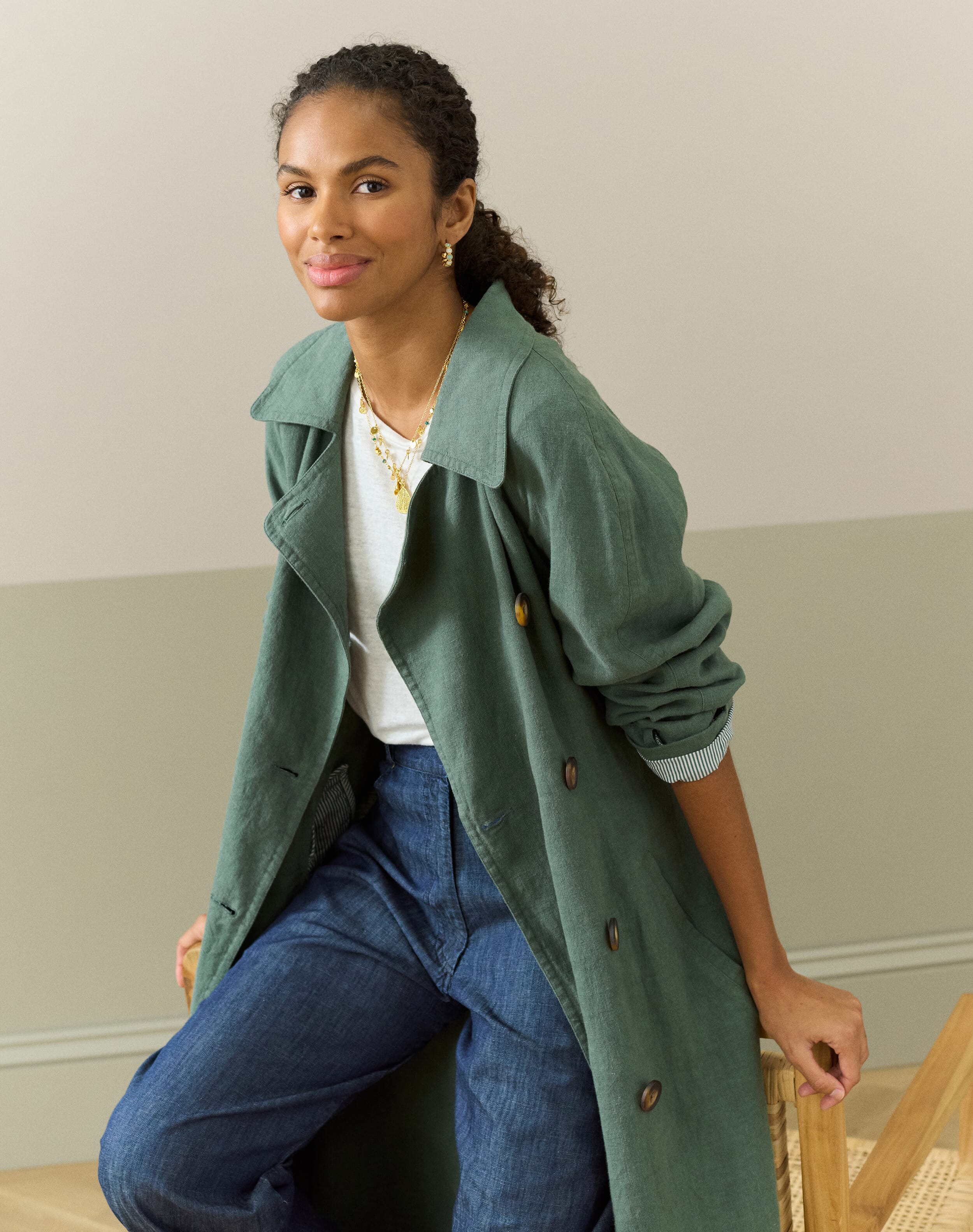 Verdigris Washed Linen Trench Coat | Women's Jackets | Brora