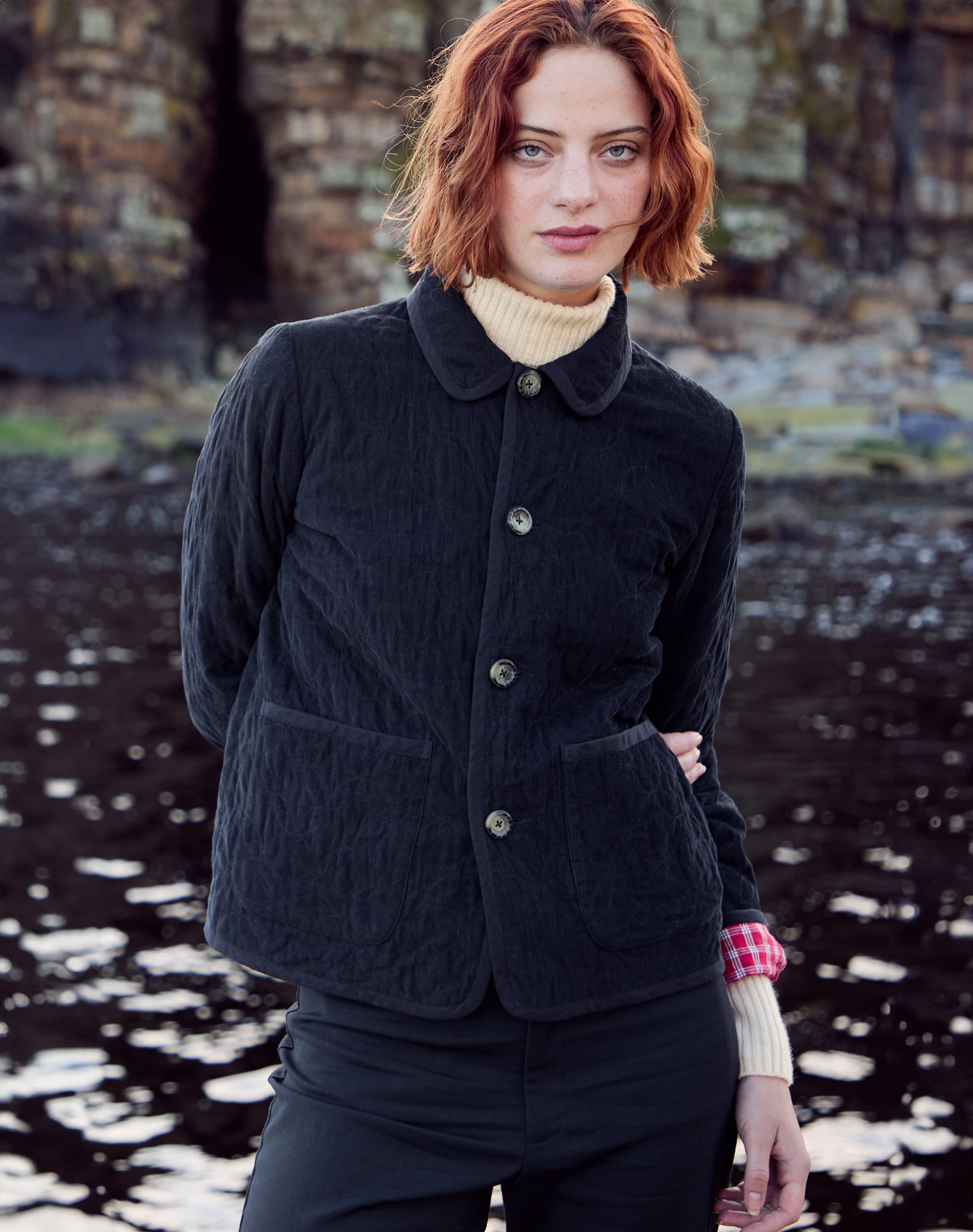 【BAON】Ryotai Corduroy Collar Check Reversible Padded JK Reversible Cotton Cord & Check Jacket in Midnight & Raspberry