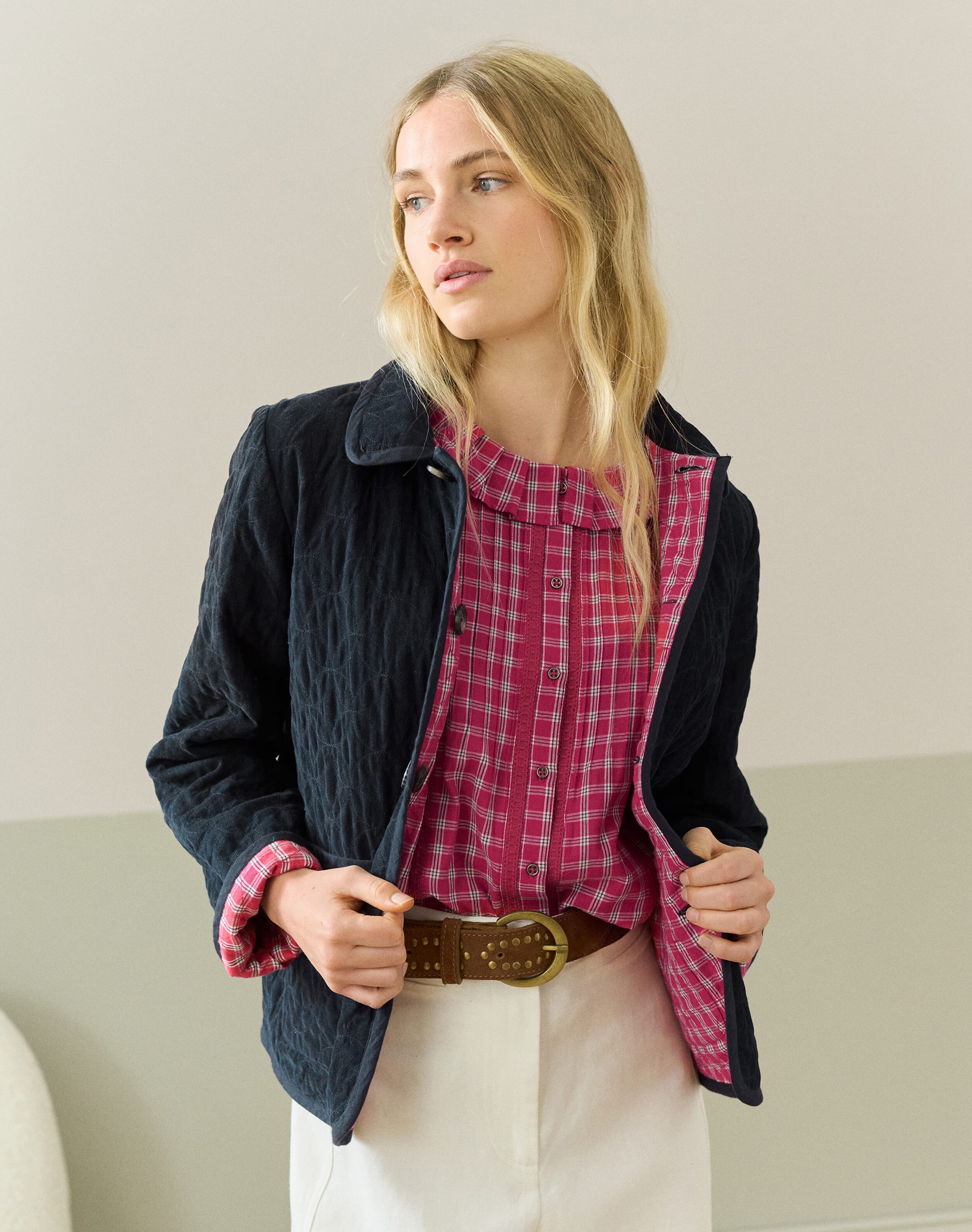 【BAON】Ryotai Corduroy Collar Check Reversible Padded JK Reversible Cotton Cord & Check Jacket in Midnight & Raspberry