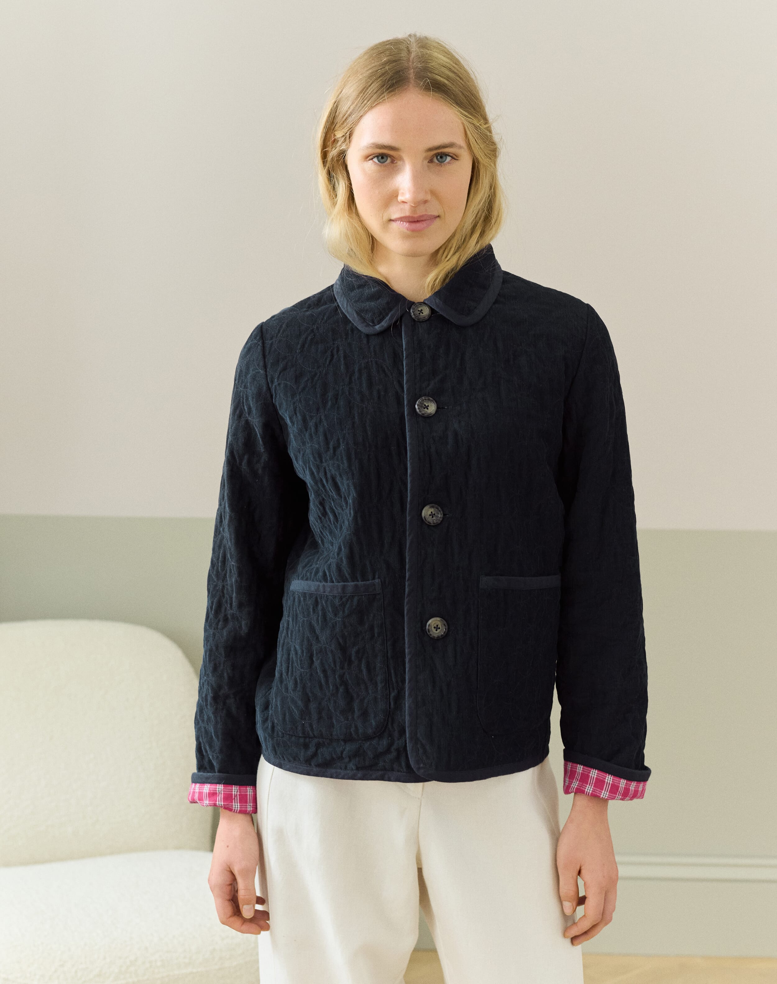 【BAON】Ryotai Corduroy Collar Check Reversible Padded JK Reversible Cotton Cord & Check Jacket in Midnight & Raspberry