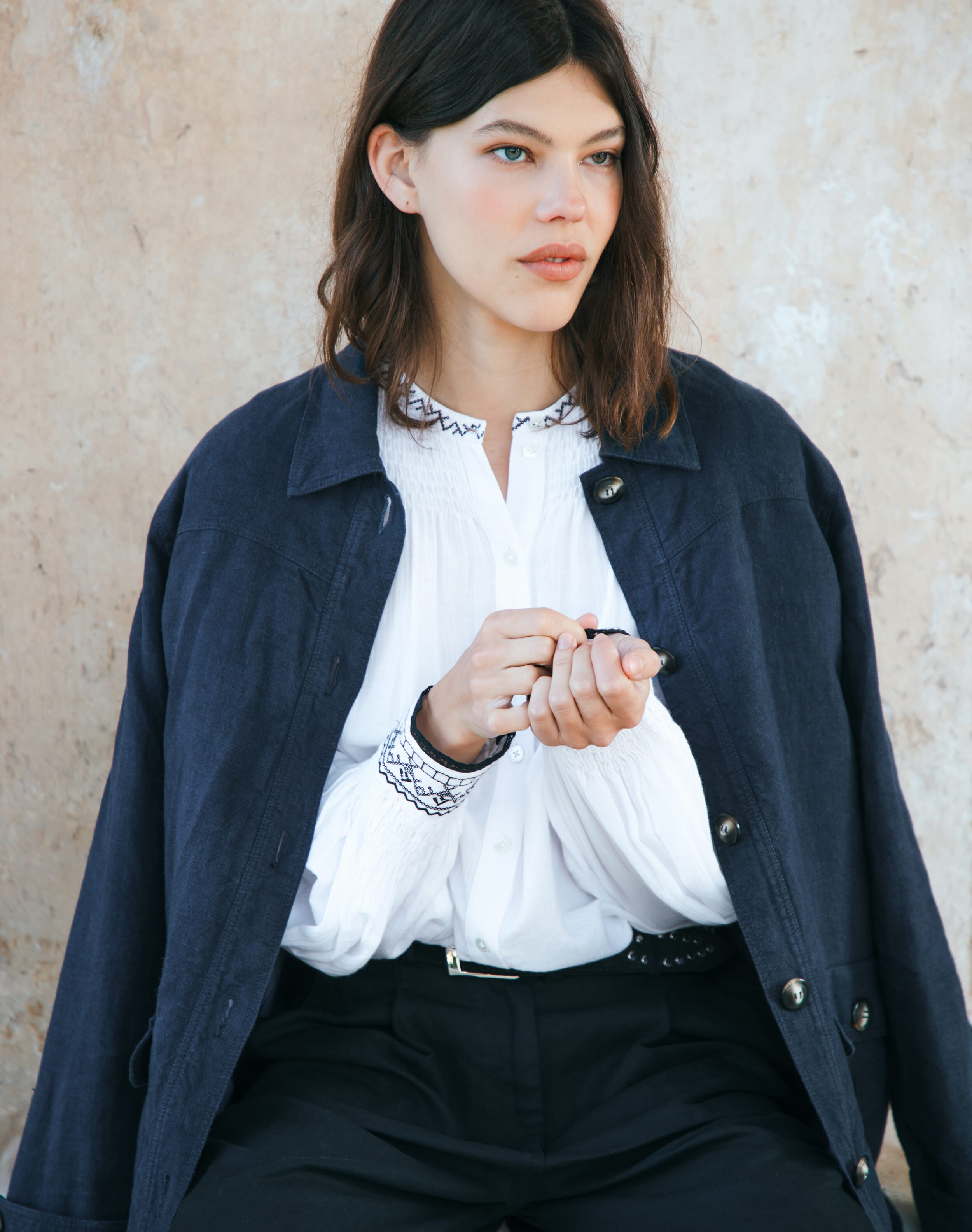 Brora Washed Linen Workwear Jacket Navy  - Size: 12