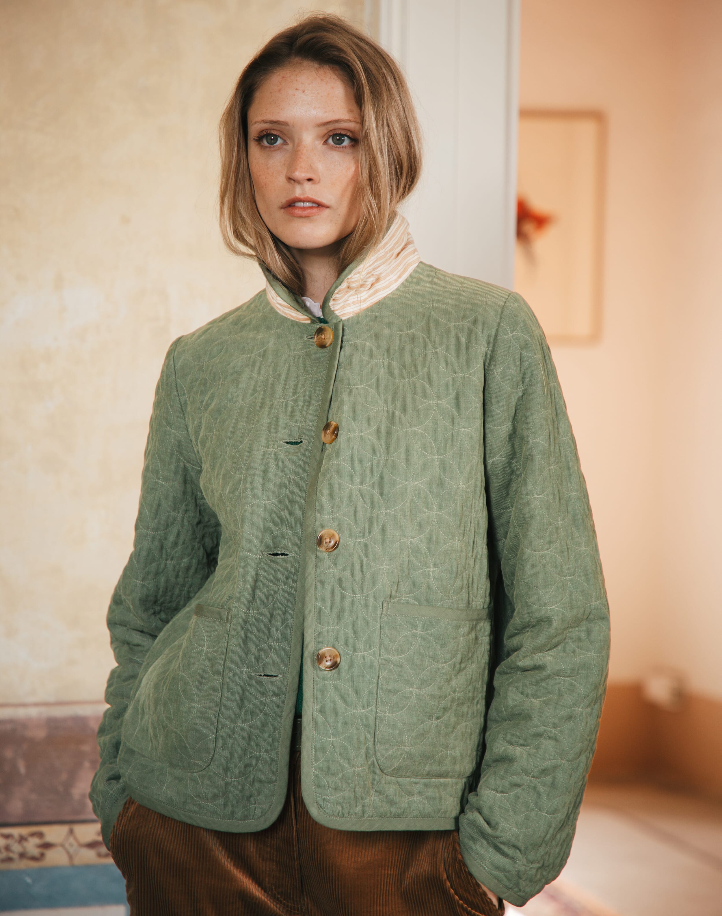 Brora Reversible Cotton Cord & Stripe Jacket Sage  - Size: 18