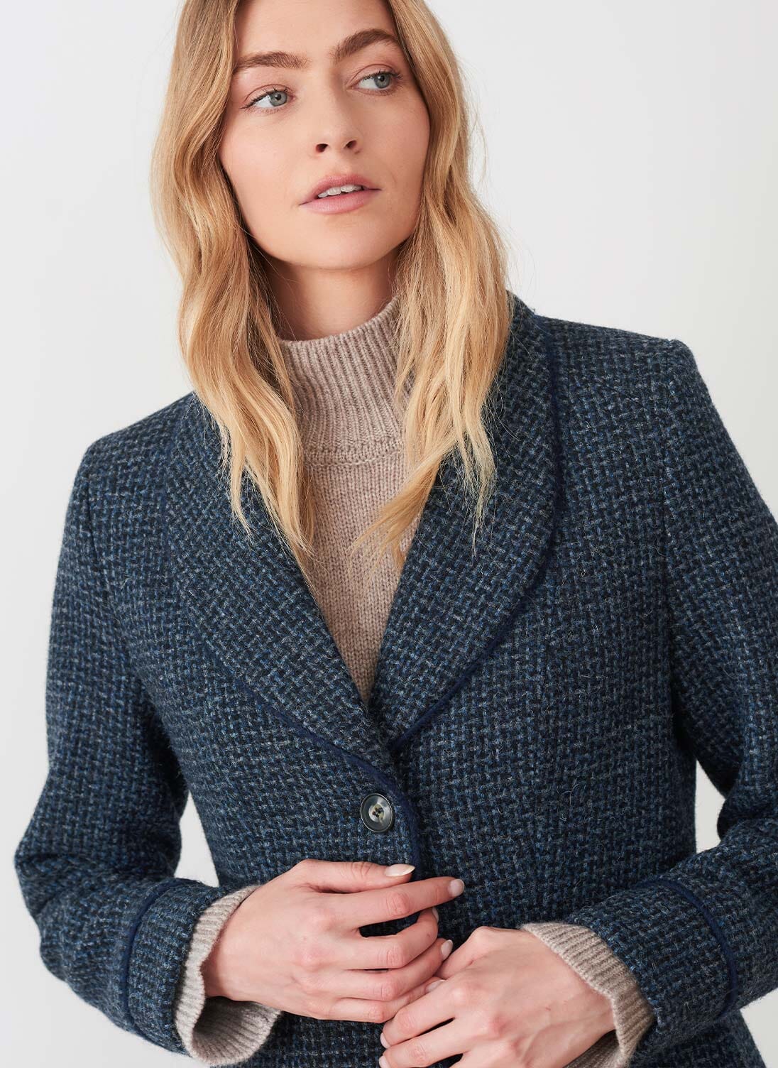 Navy & Chambray Harris Tweed Tailored Coat | British Tailored | Brora