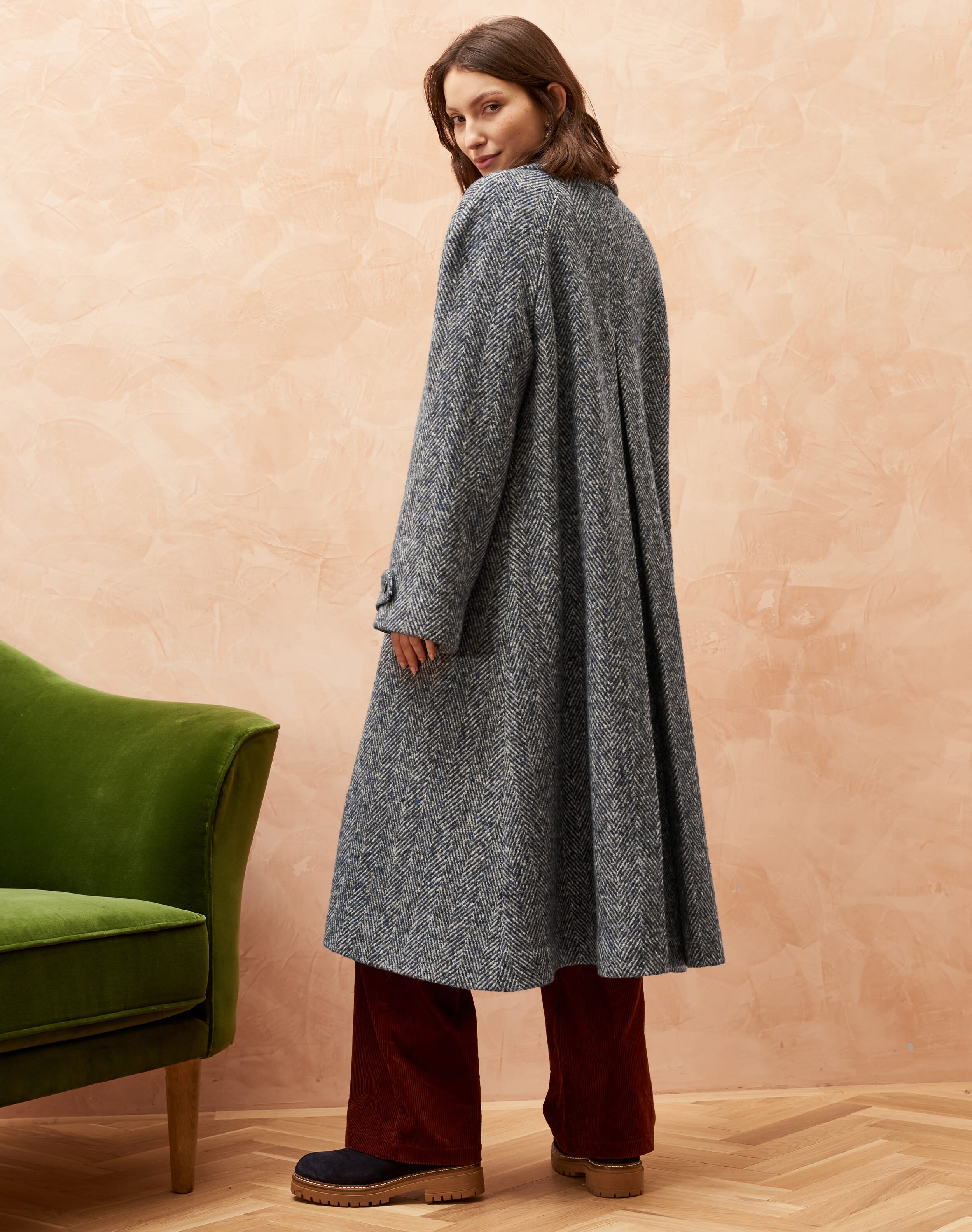 Blue Herringbone Wool Coat| Women's Coats | Brora Fashion