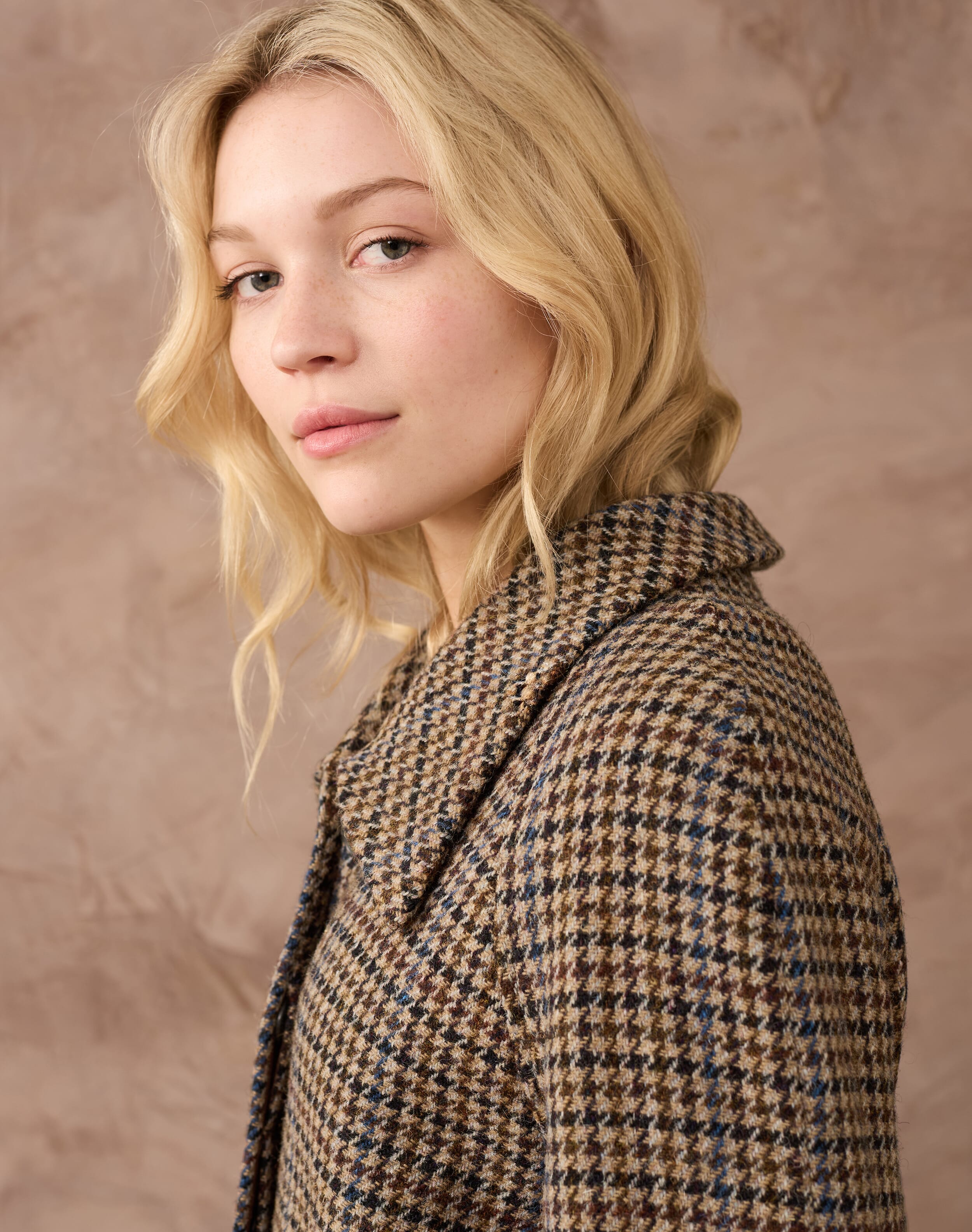 Harris Tweed Swing Coat in Walnut & Navy | Brora Sale