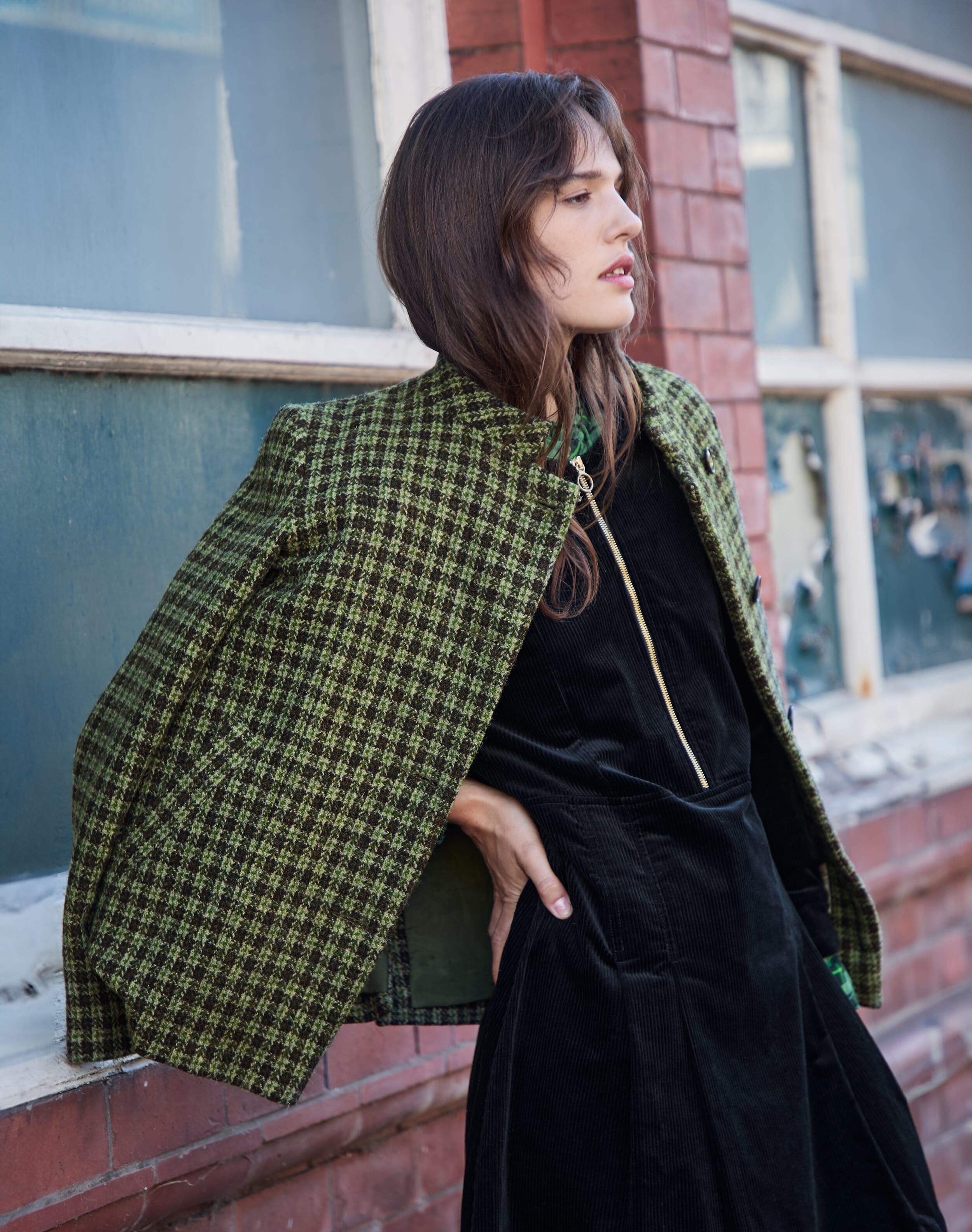 BEAMS ピーコート 緑×紺 チェック柄 Harris Tweed BEAMS PLUS のマチガイナイ ツイード ジャケット&コート