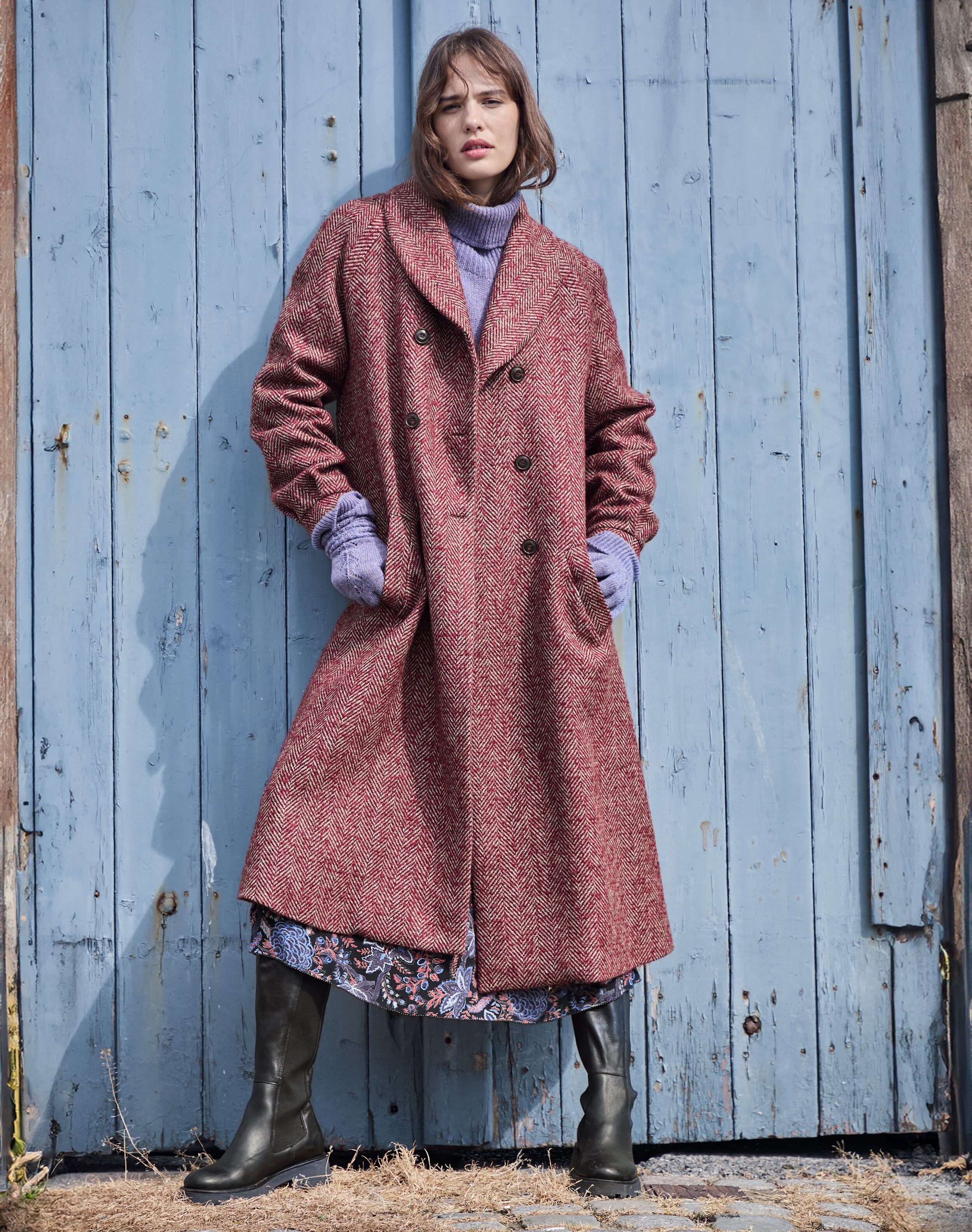 Brora Herringbone Wool Coat Claret pearl 